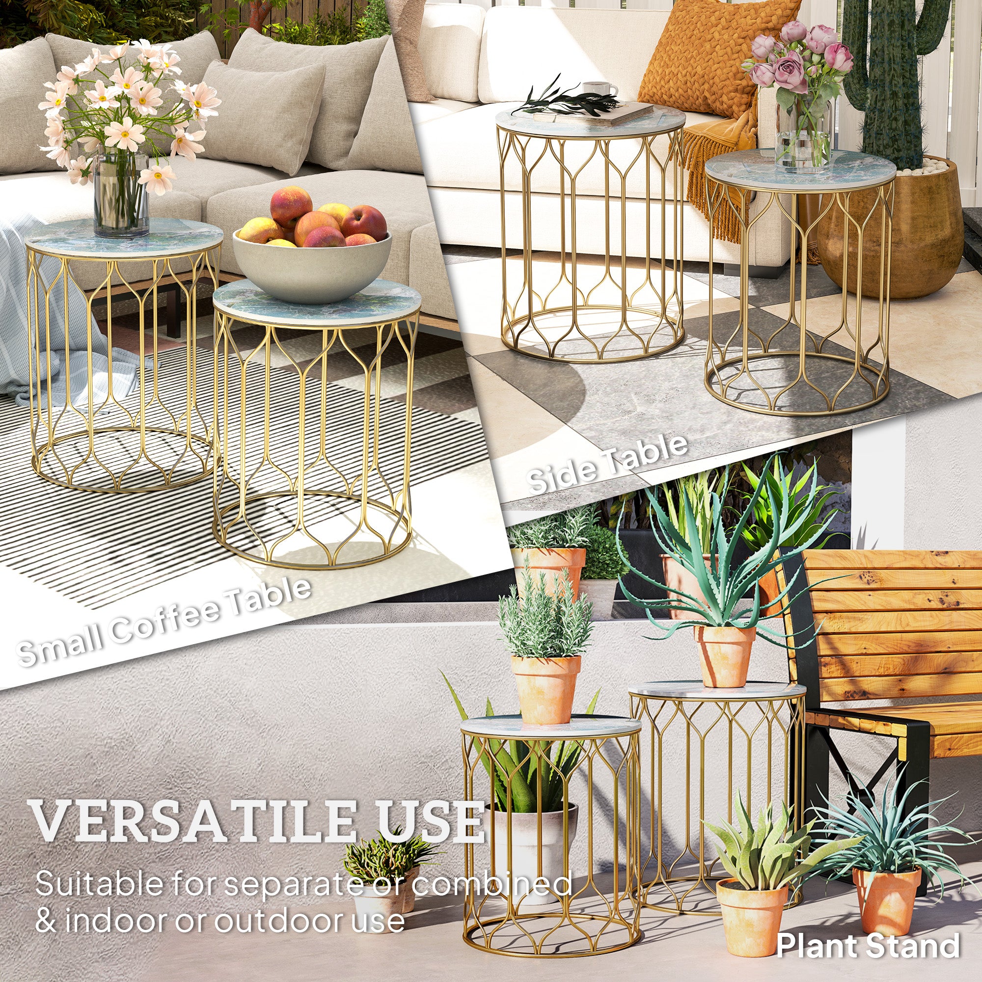 Outsunny Garden Side Table Set of 2, Nesting Tables with Ceramic Tile Top, Indoor Outdoor Small Garden Tables, Multifunctional End Tables with Metal Frame for Patio, Balcony, Porch, Multicoloured - North Peak Garden Furniture