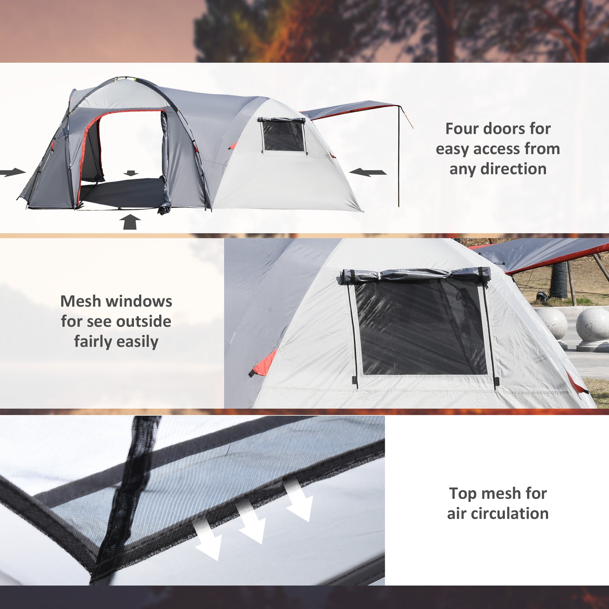 Outsunny 4-5 Man Outdoor Tunnel Tent, Two Room Camping Tent with Portable Mat, Sewn-In Floor, Carry Bag, 4 Doors and Breathable Mesh Windows, 2000mm Water Column for Fishing, Festival, Hiking