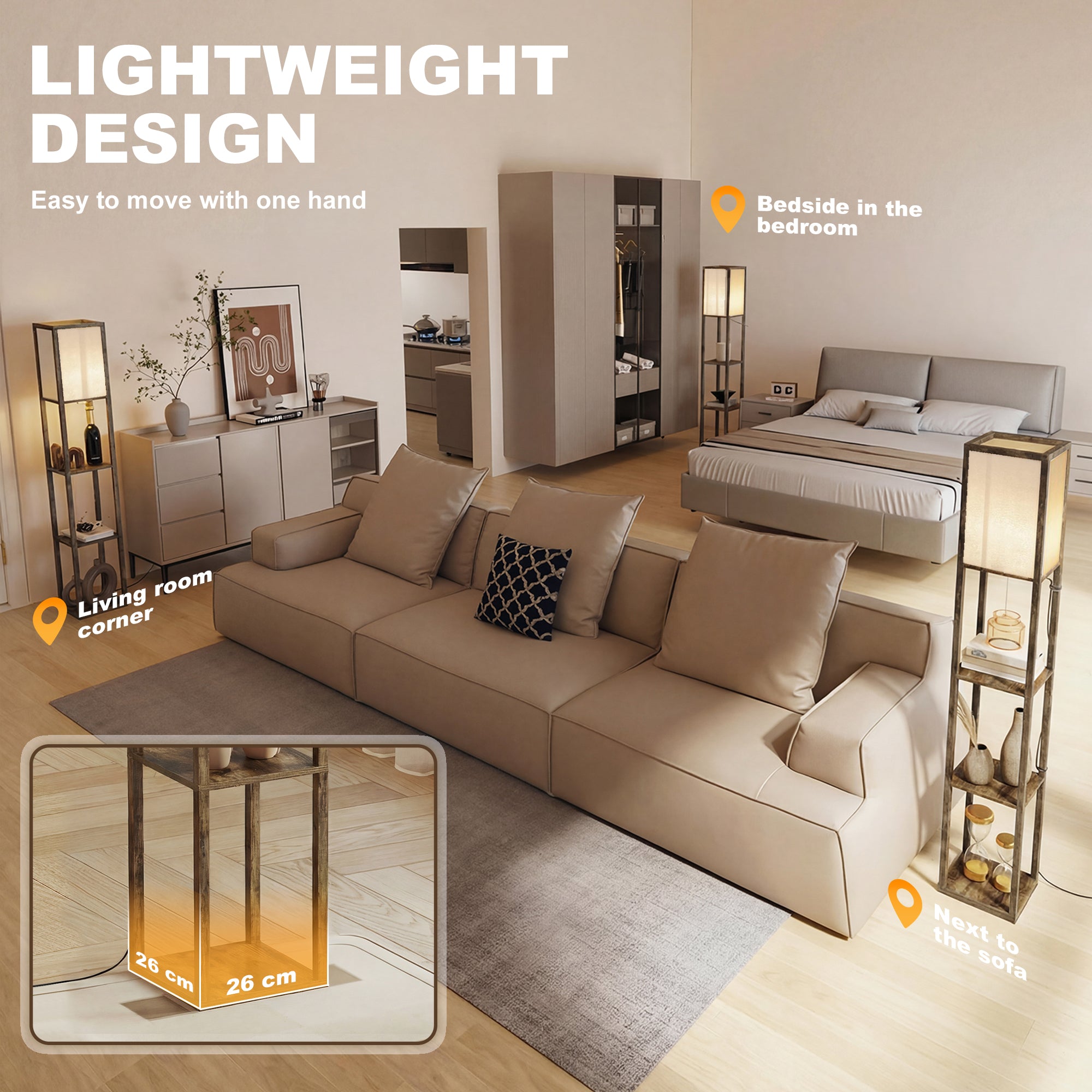 HOMCOM 3-Tier Floor Lamp, Floor Light with Storage Shelf, Reading Standing Lamp with Acrylic Shade for Living Room, Bedroom, Kitchen, Dining Room, Office, Dorm, 160cm, Brown