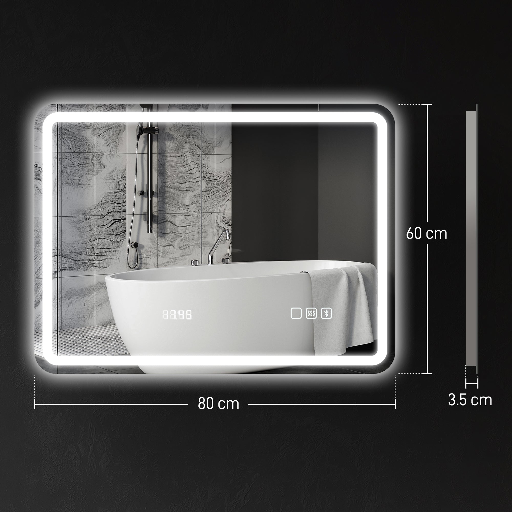 HOMCOM 60 x 80 cm Bluetooth LED Bathroom Mirror with Clock Anti-Fog - Silver Tone - North Peak Garden Furniture