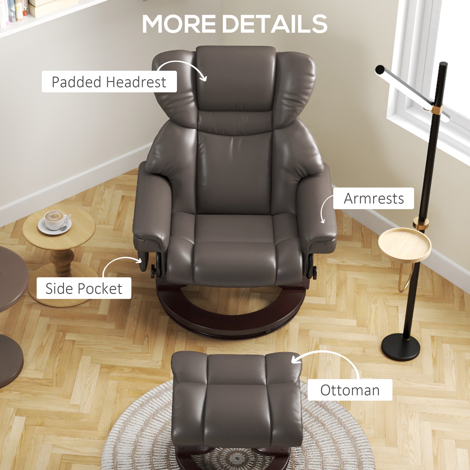 HOMCOM Massage Recliner Chair with Footstool, Upholstered Reclining Armchair with Adjustable Backrest, Steel Frame and Wood Base, Swivel Chair for Living Room, Bedroom, Brown - North Peak Garden Furniture