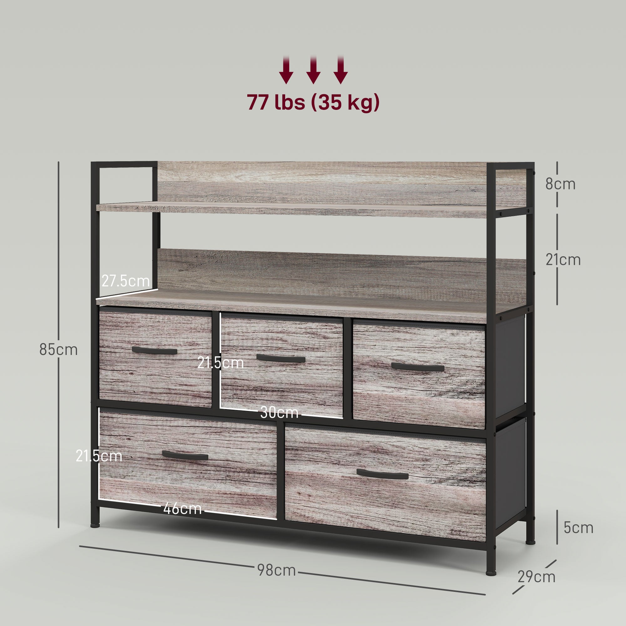 HOMCOM Rustic Chest of Five Fabric Drawers - Grey Wood Effect - North Peak Garden Furniture