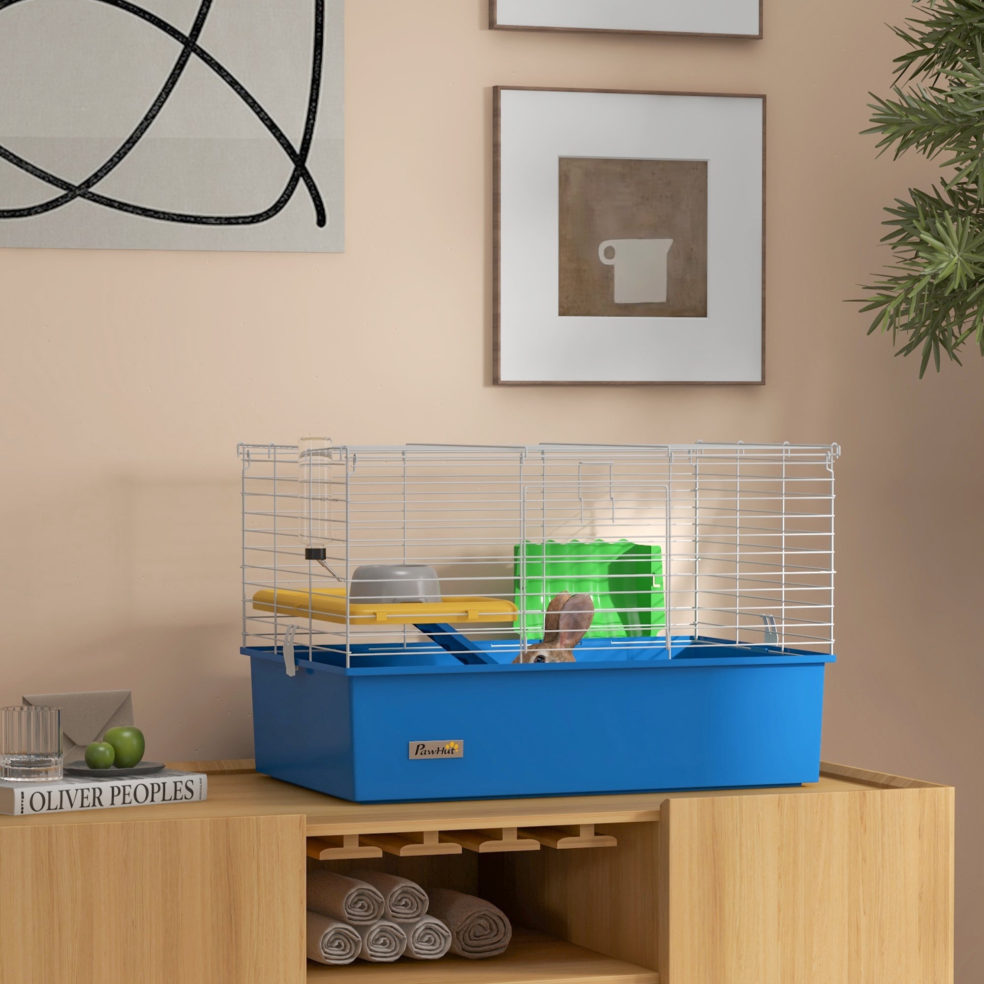 PawHut Chinchillas Small Rabbit Guinea Pig Small Animal Cage, Pet Playhouse, with Platform, Ramp, 71 x 46 x 47cm, Blue - North Peak Garden Furniture