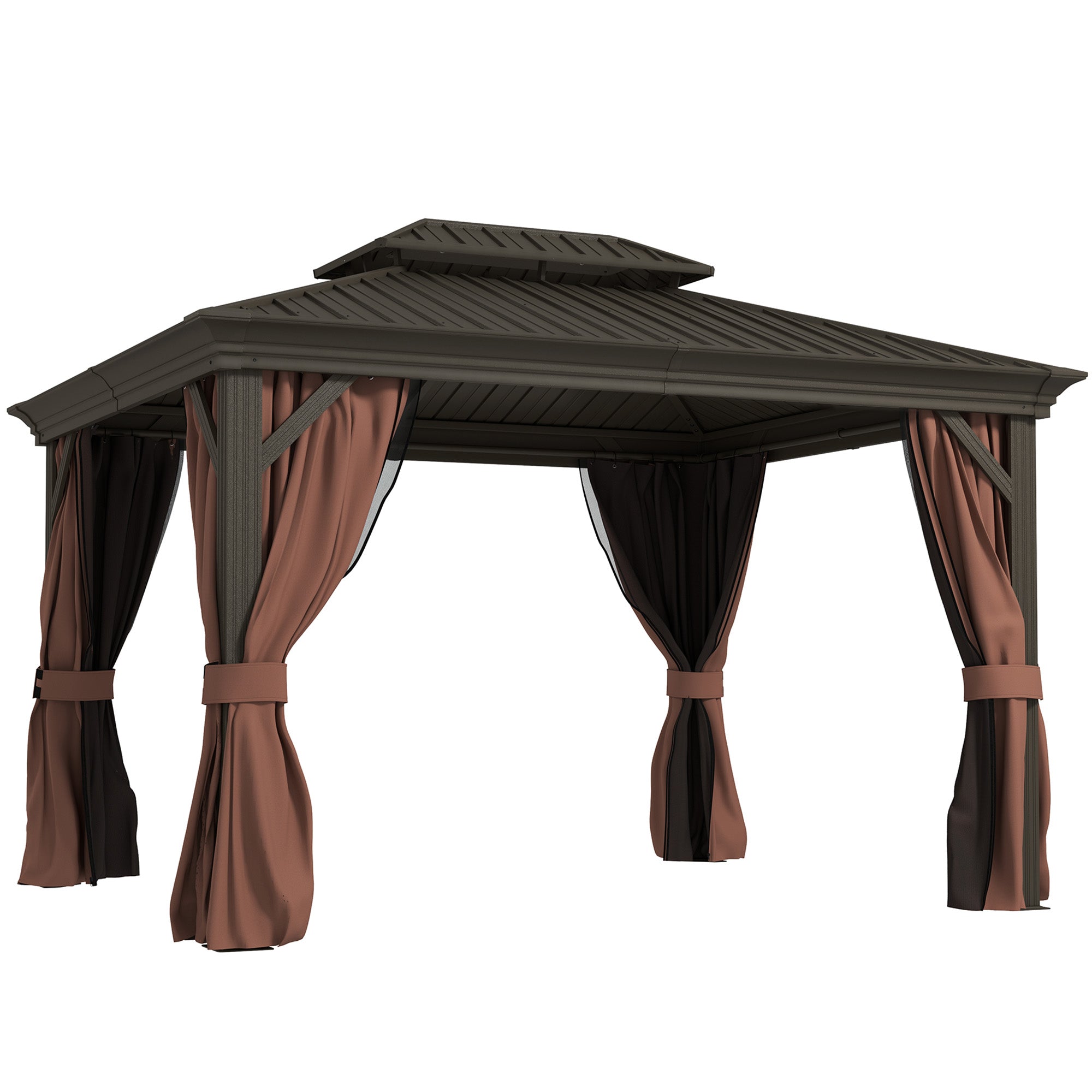 Outsunny 3 x 3.7m Outdoor Hardtop Gazebo Canopy Aluminium Frame with 2-Tier Roof & Mesh Netting Sidewalls for Patio, Dark Brown - North Peak Garden Furniture