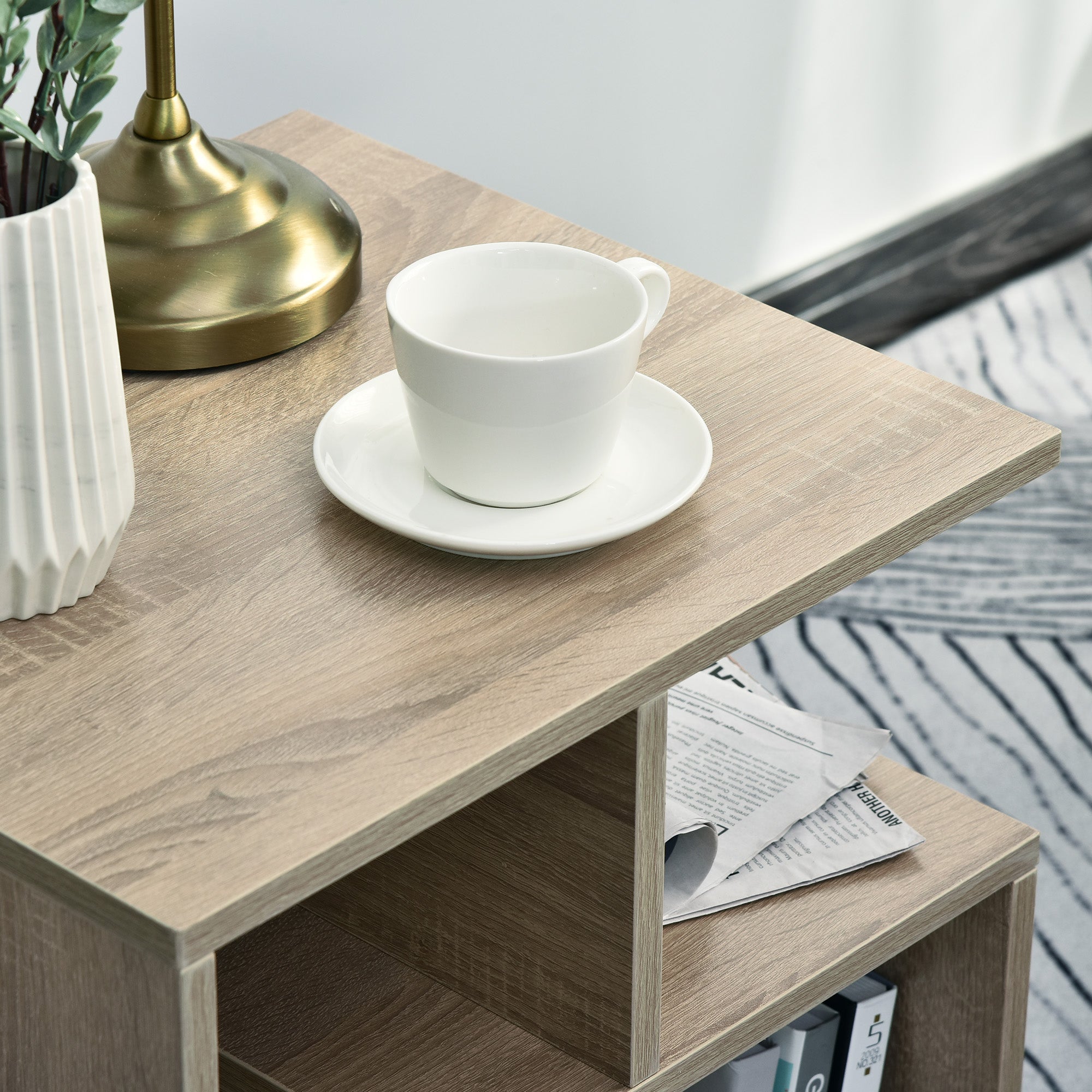 HOMCOM Side Table, 3 Tier End Table with Open Storage Shelves, Living Room Coffee Table Organiser Unit, Set of 2, Oak Colour - North Peak Garden Furniture