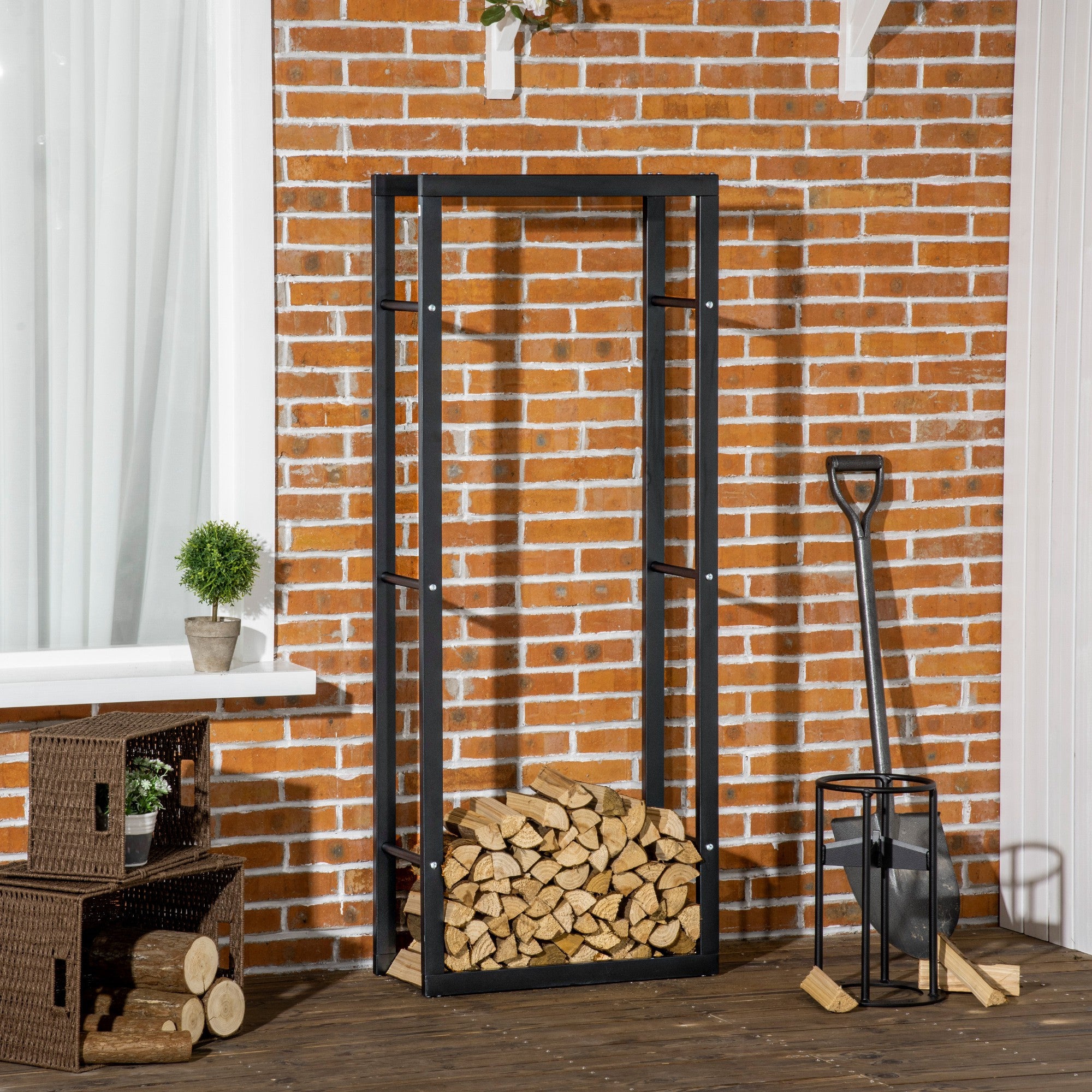 HOMCOM Metal Firewood Log Holder Tall Firewood Rack Indoor Outdoor Fireplace Wood Storage Shelf, Black, 60Wx25Dx150Hcm - North Peak Garden Furniture