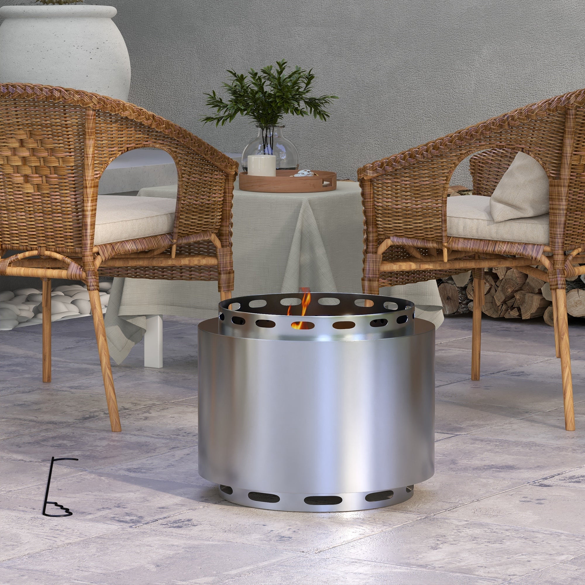 Outsunny Smokeless Fire Pit, 48.5cm Portable Wood Burning Firepit with Poker for Garden Camping Bonfire Party, Stainless Steel, Silver - North Peak Garden Furniture