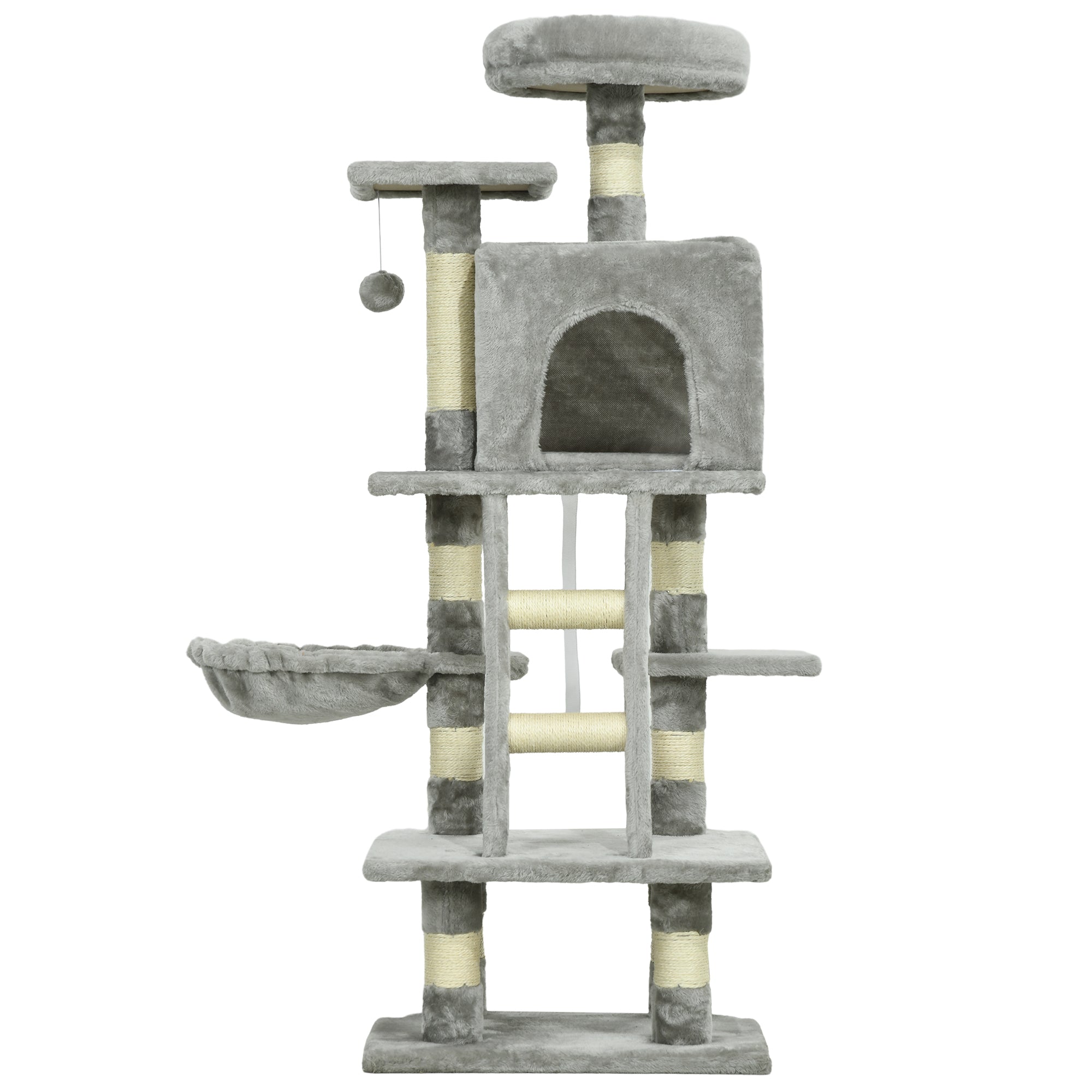 PawHut 132cm Cat Tree with Scratching Post, House, Hammock, Toy Balls - Grey