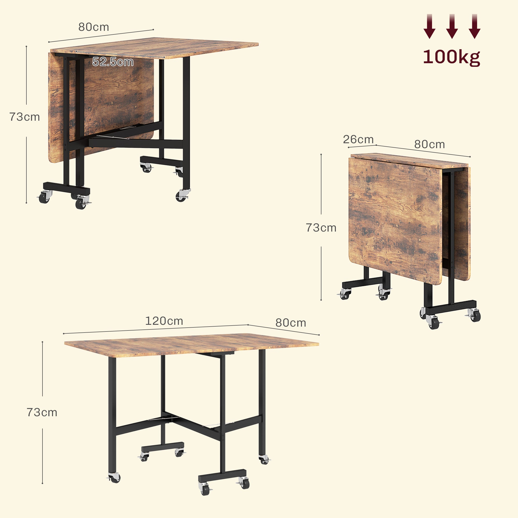 HOMCOM Six-Seater Drop-Leaf Dining Table, with Wheels - Brown Wood-Effect - North Peak Garden Furniture