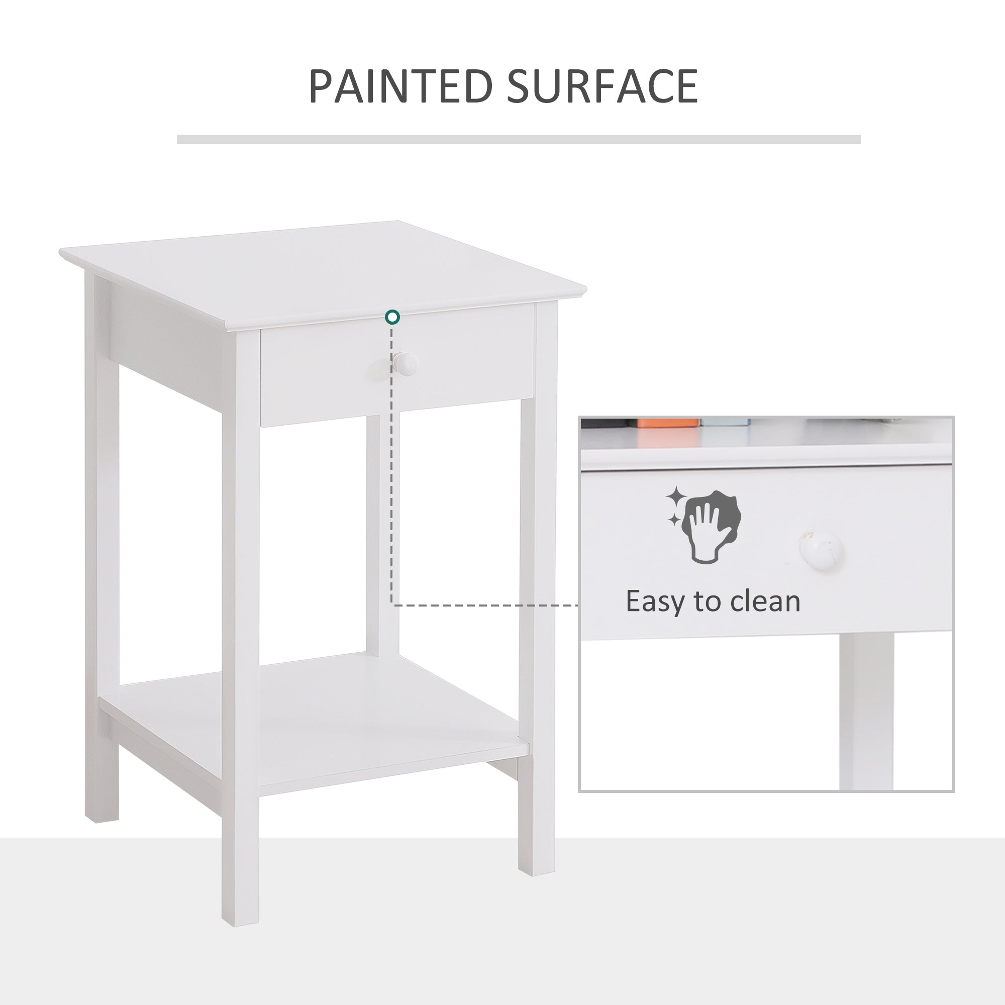HOMCOM White Bedside Table, Wooden Side Table, Nightstand, Bedside Cabinet with Drawer and Storage Shelf for Bedroom and Living Room, Set of 2 - North Peak Garden Furniture
