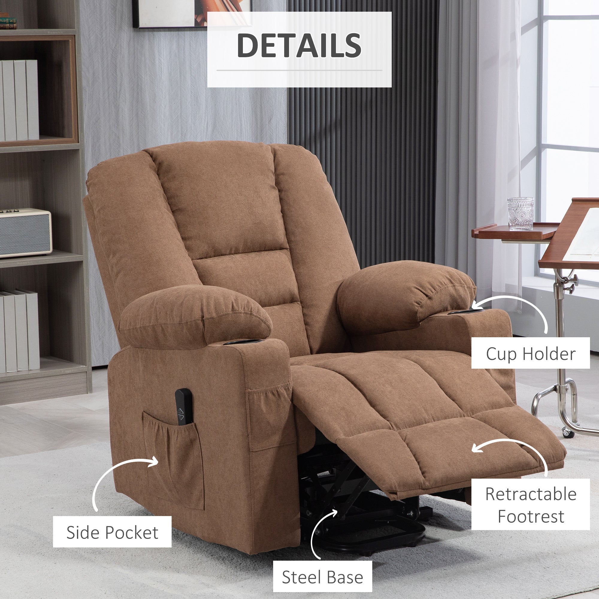 HOMCOM Oversized Riser and Recliner Chairs for the Elderly, Fabric Upholstered Lift Chair for Living Room with Remote Control, Side Pockets, Cup Holder, Brown - North Peak Garden Furniture