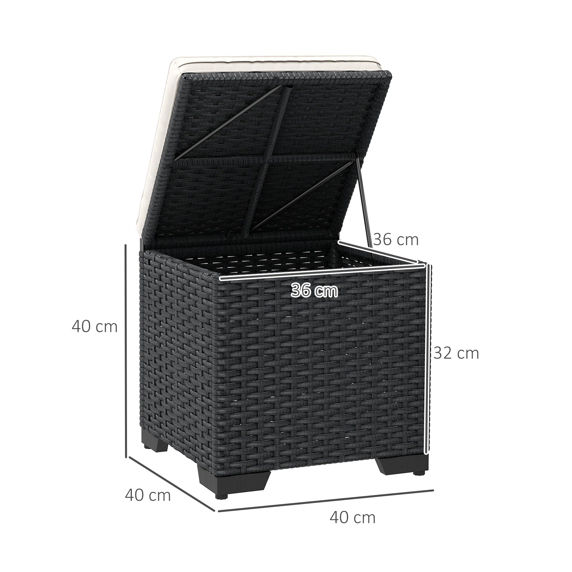 Outsunny Set of 2 Rattan Storage Ottoman, Outdoor Footstool with Removable Cushions, Garden Storage Seat for Balcony, Poolside, Living Room, Cream - North Peak Garden Furniture