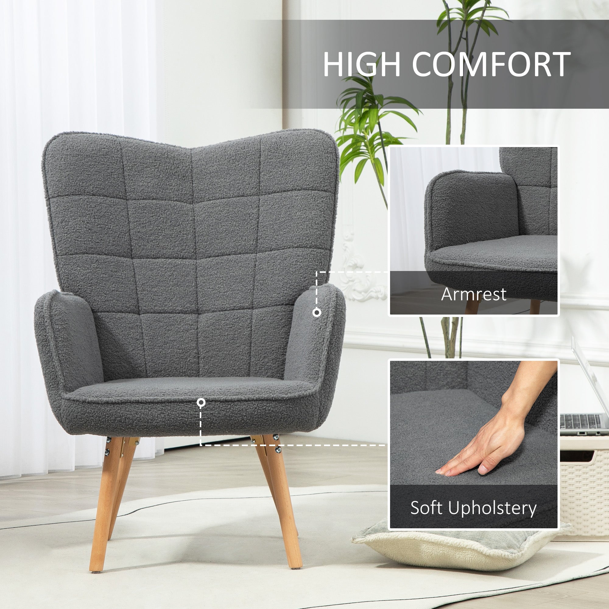 HOMCOM Modern Accent Chair, Upholstered Tufted Wingback Armchair with Seat Padding, Leisure Lounge Bedroom Chair with Wood Legs, Dark Grey - North Peak Garden Furniture