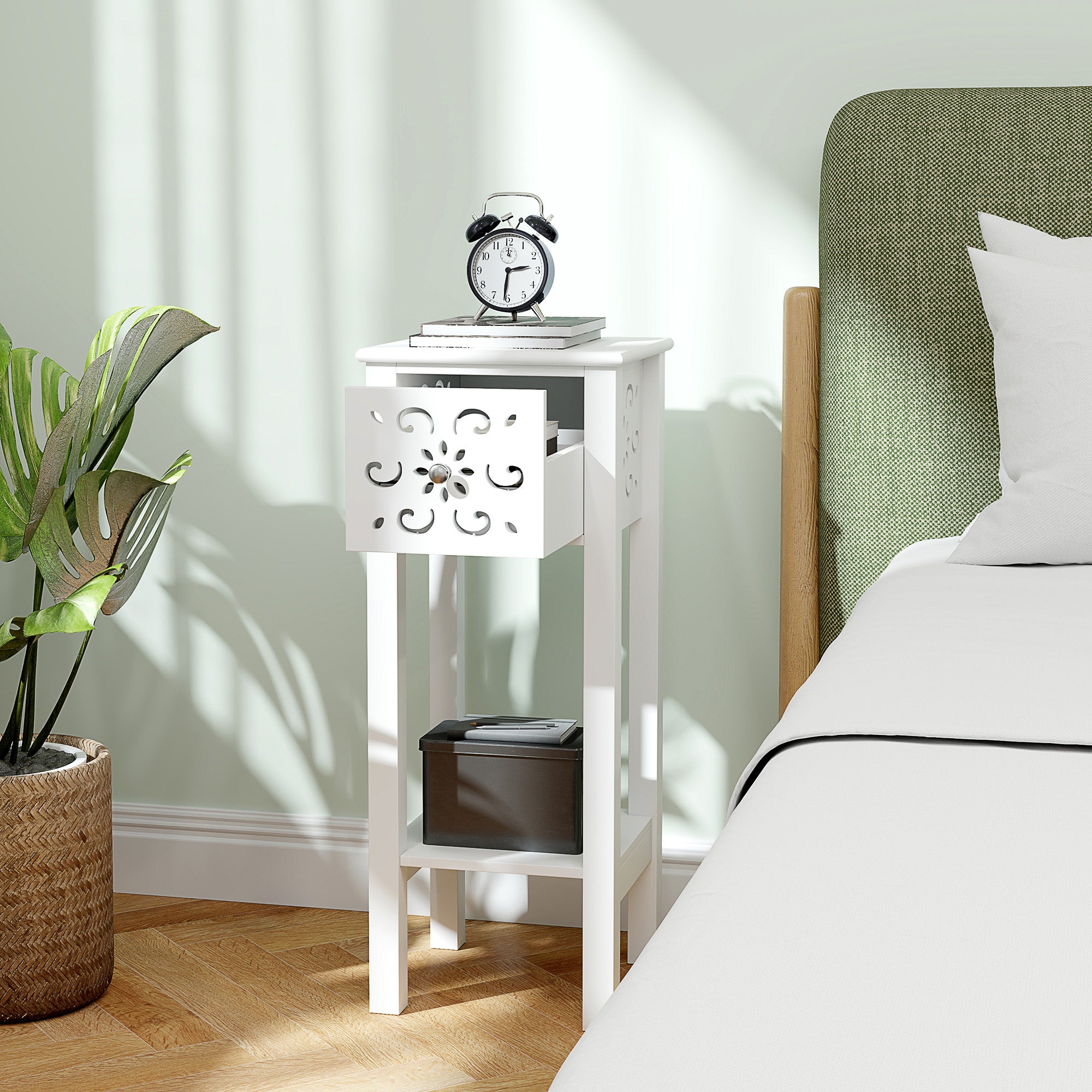 HOMCOM Set of Two Elegant Floral Cut-Out Side Tables - White - North Peak Garden Furniture