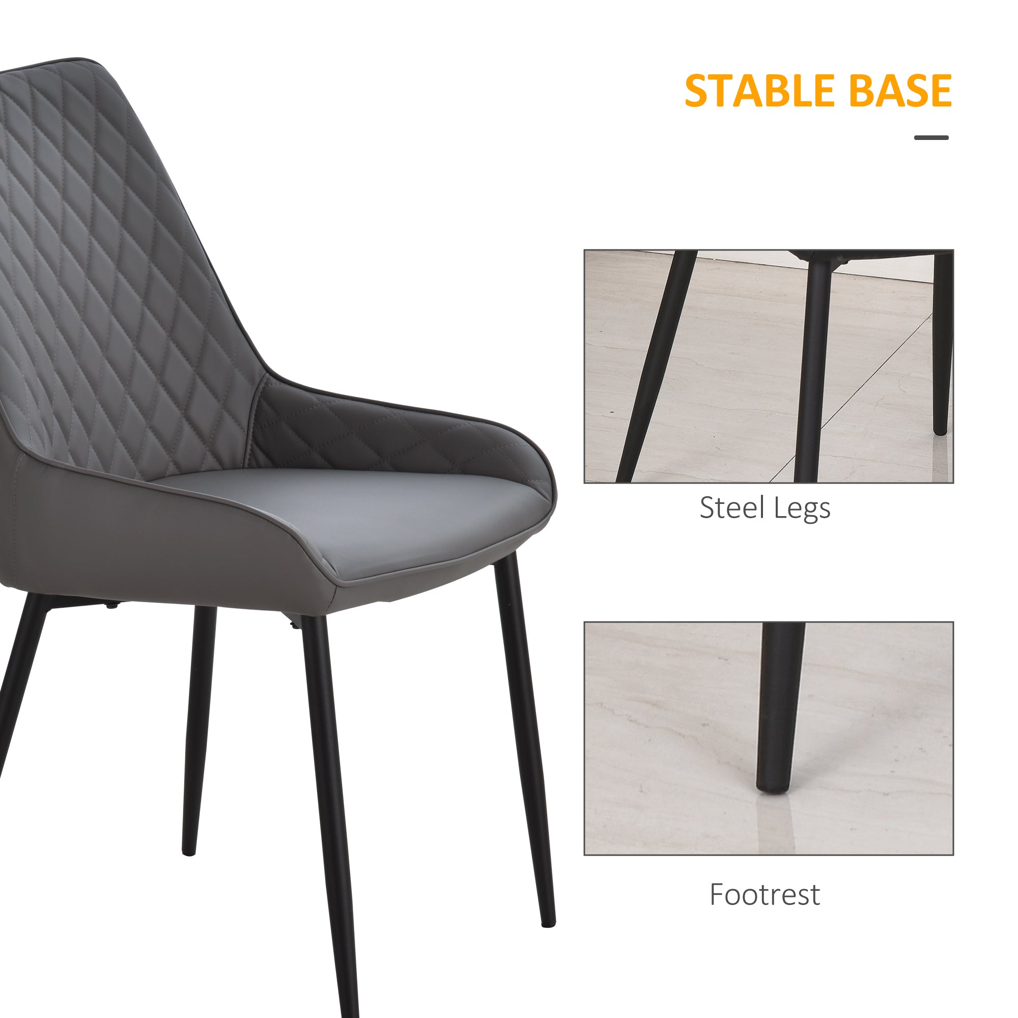 HOMCOM Set Of 2 Quilted PU Leather Dining Chairs with Metal Frame 4 Legs Foot Caps Home Seating Modern Stylish Executive Grey - North Peak Garden Furniture