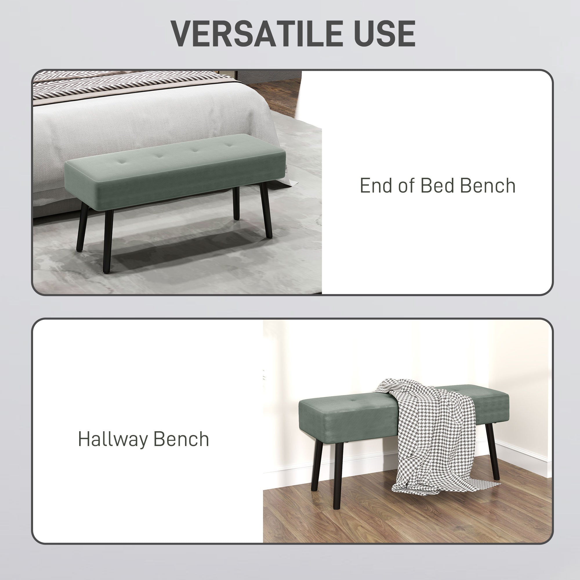 HOMCOM End of Bed Bench, Corduroy Bedroom Bench with Thick Padding and Steel Legs, Tufted Window Seat for Entryway, Living Room, Green - North Peak Garden Furniture