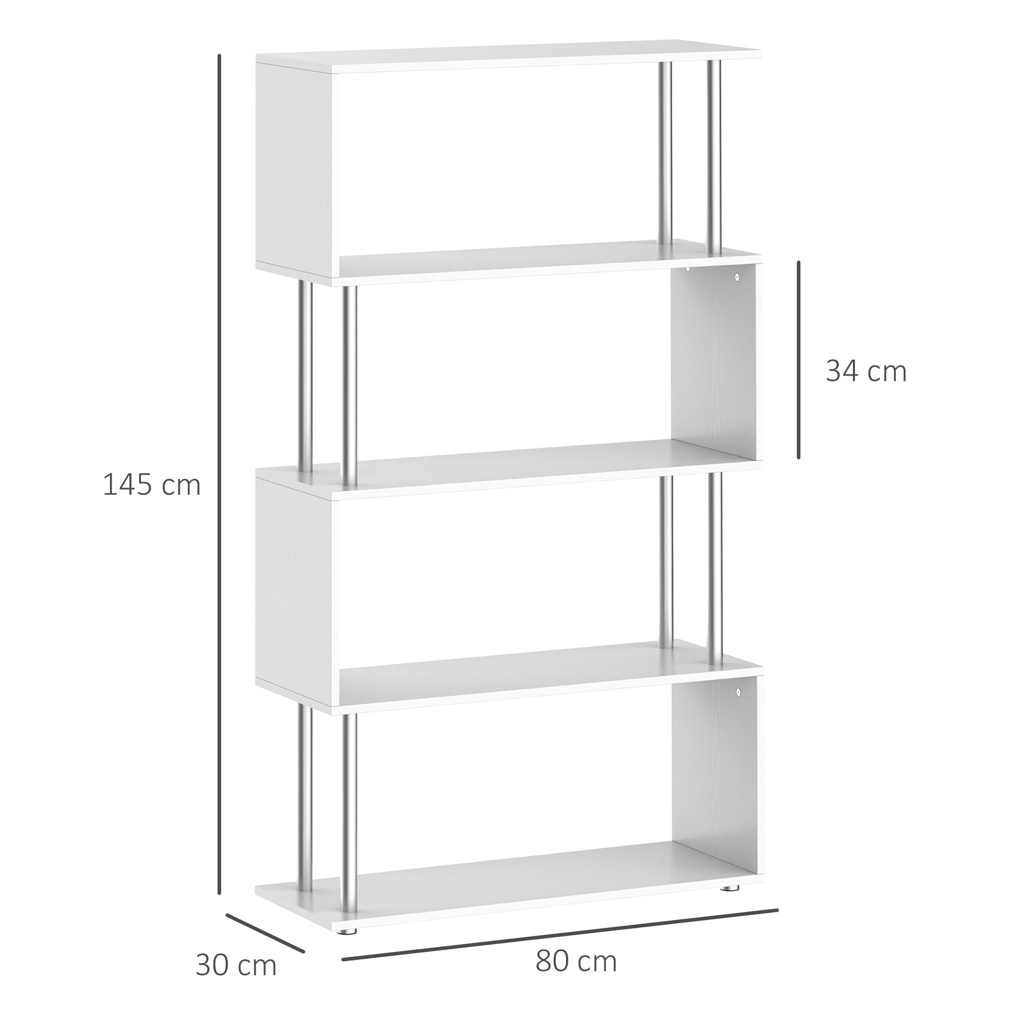 HOMCOM S Shape Bookcase, 5 Tiers Bookshelf, Modern Freestanding Storage Shelf for Home Office, Study, Living Room, 80 x 30 x 145cm, White