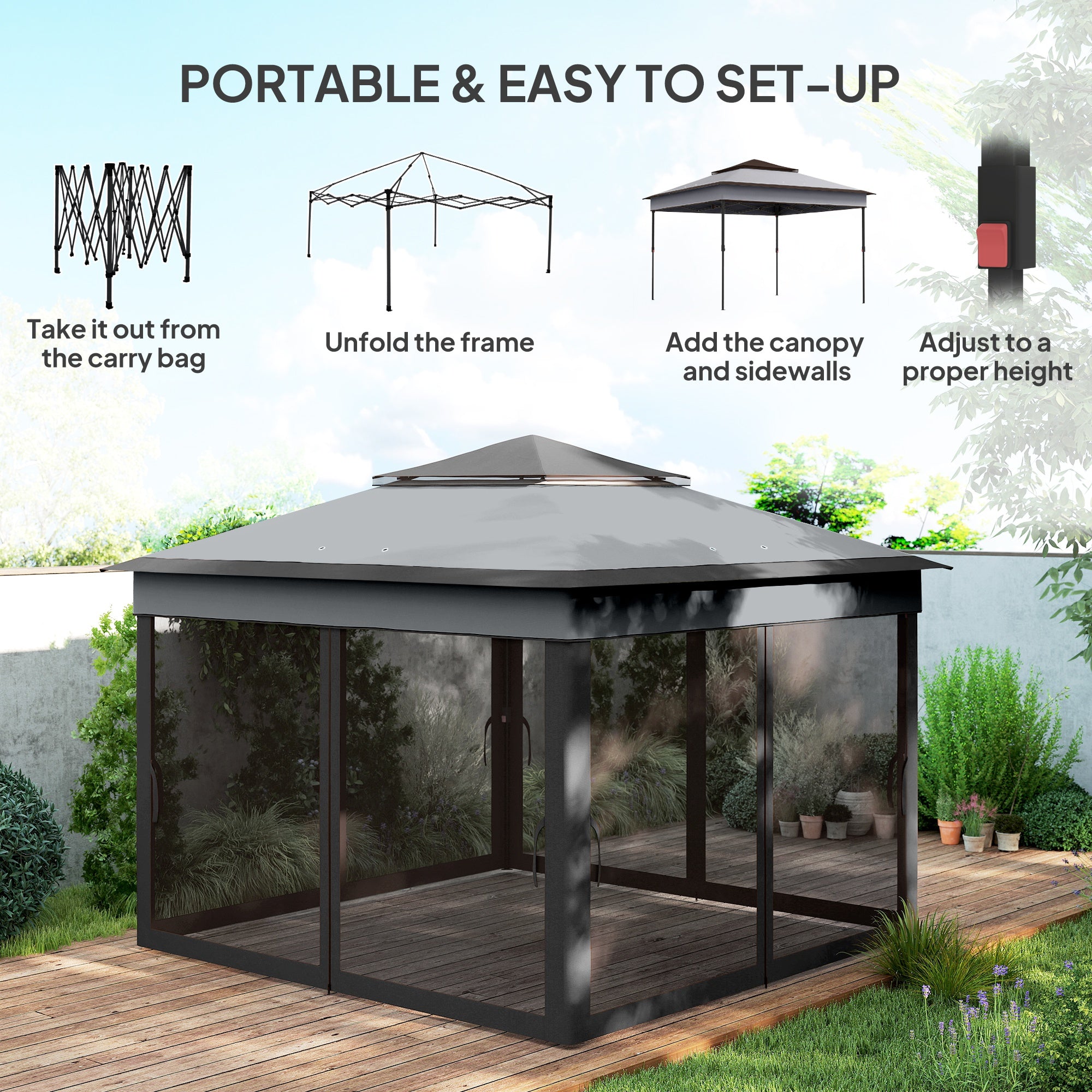 Outsunny 3 x 3(m) Pop Up Gazebo, Height Adjustable Instant Event Shelter with Netting and Carrying Bag, Grey - North Peak Garden Furniture