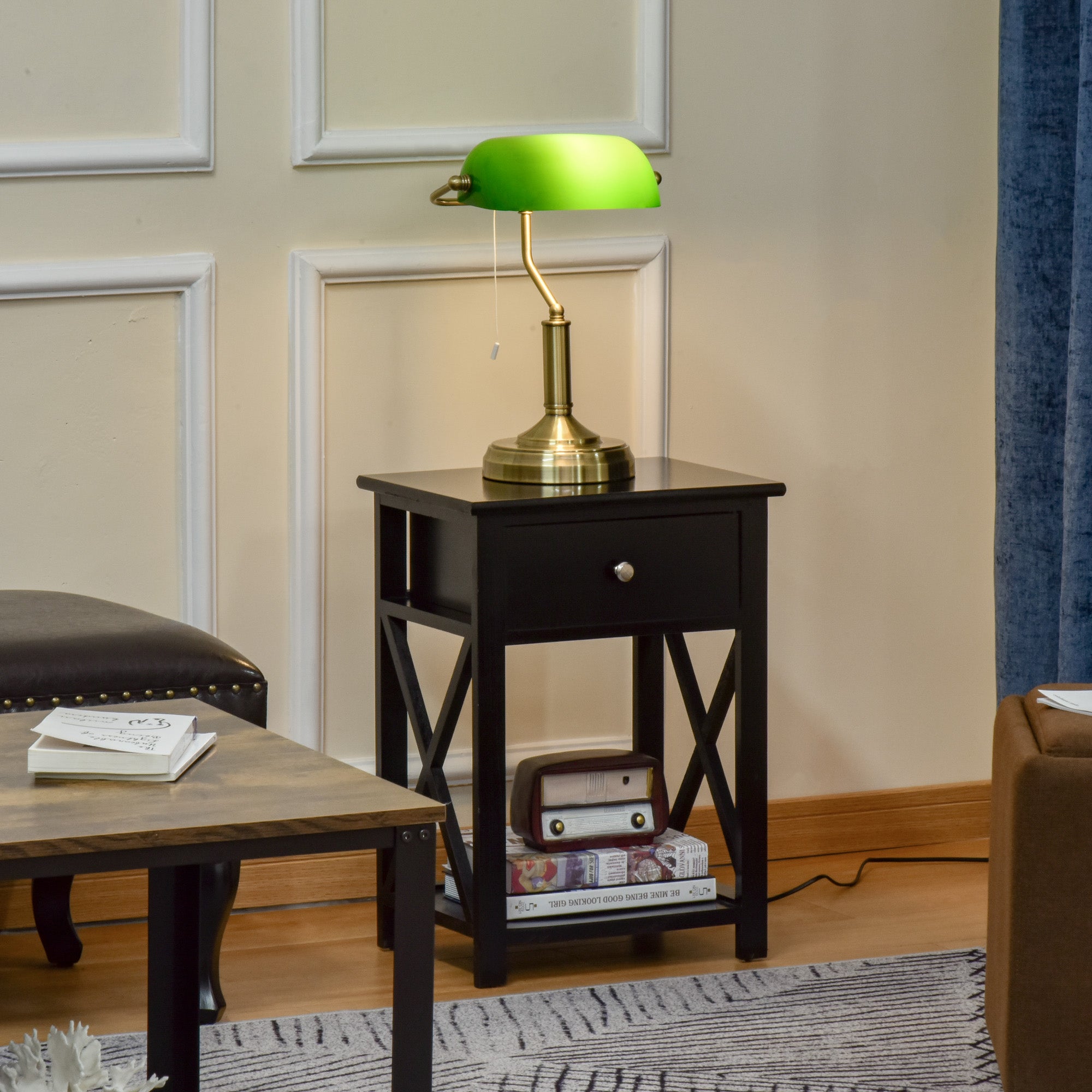 HOMCOM Banker's Desk Lamp with Antique Bronze Tone Base, Table Lamp with Green Glass Shade for Home Office, Green - North Peak Garden Furniture