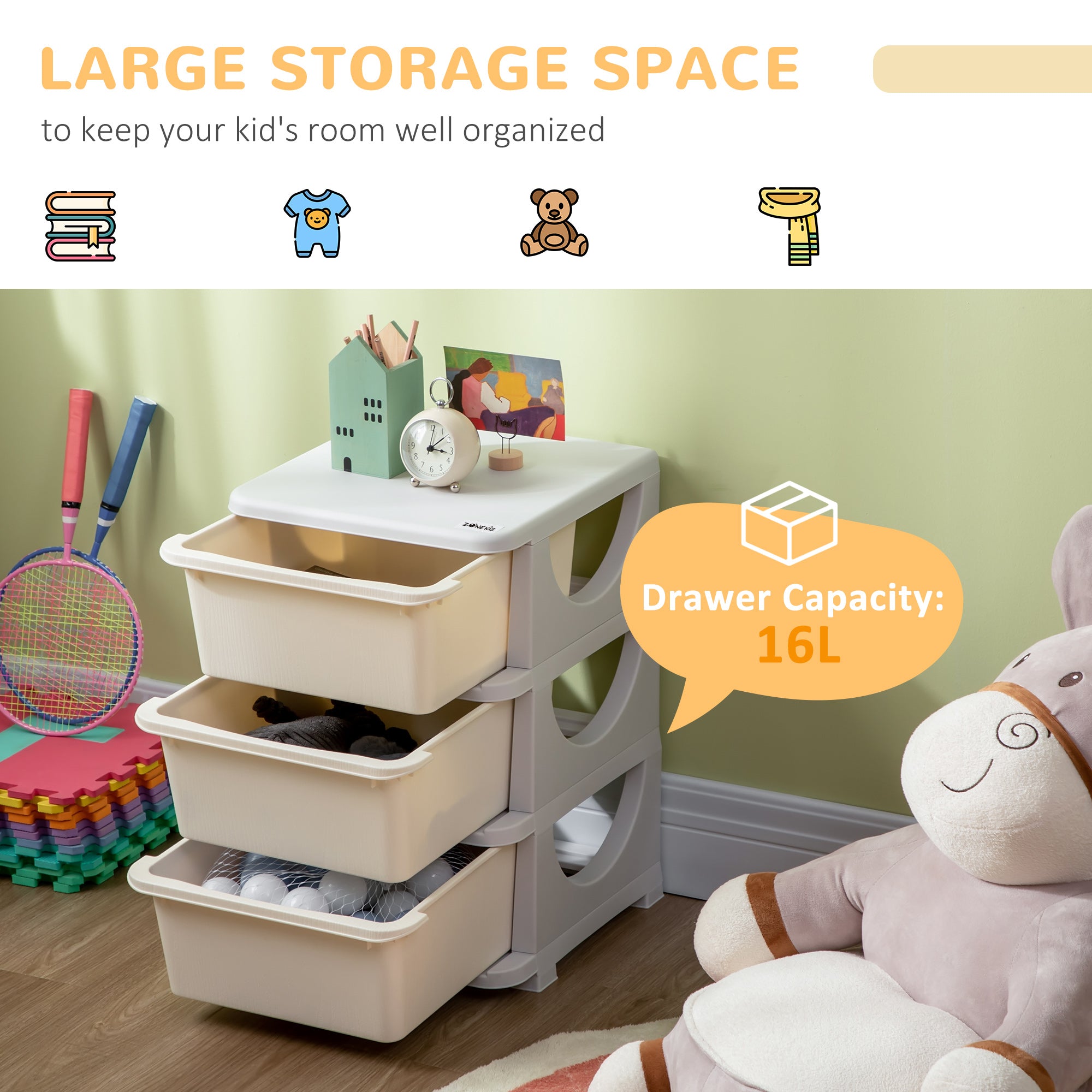 HOMCOM Three-Tier Kids Storage Boxes, with Three Drawers - White - North Peak Garden Furniture