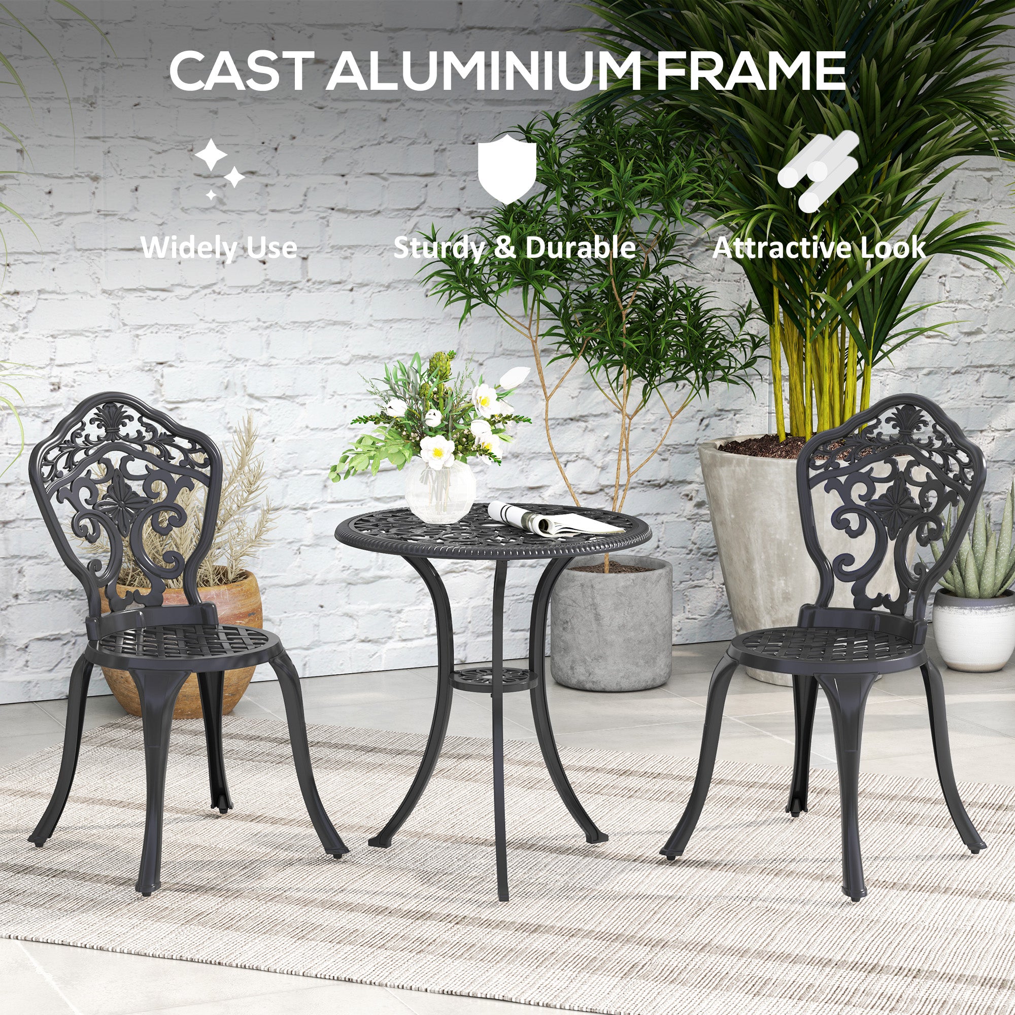 Outsunny Three-Piece Aluminium Floral Bistro Set - Black - North Peak Garden Furniture