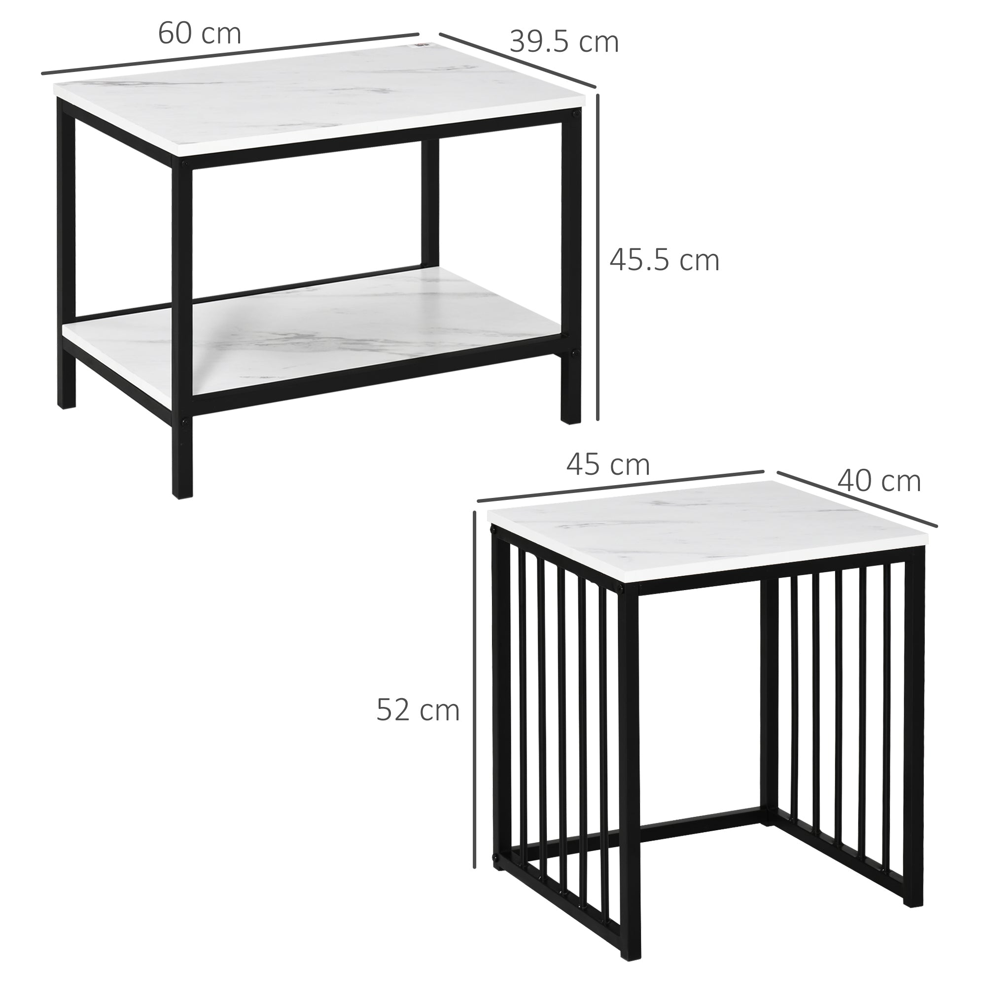 HOMCOM Modern Coffee Table Set of Two, Marble-Effect Nesting Side Tables with Steel Frame for Living Room, White, Black - North Peak Garden Furniture
