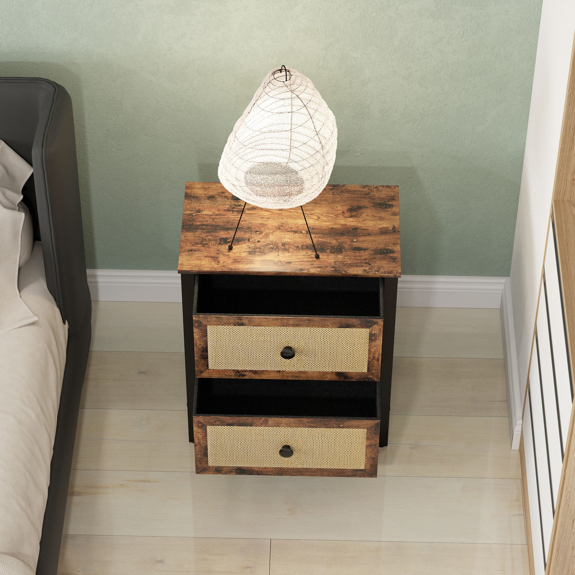 HOMCOM Bedside Table, Side Table with 2 Rattan Drawers, Bedside Cabinet with Storage and Steel Legs for Bedroom, Living Room, Rustic Brown - North Peak Garden Furniture