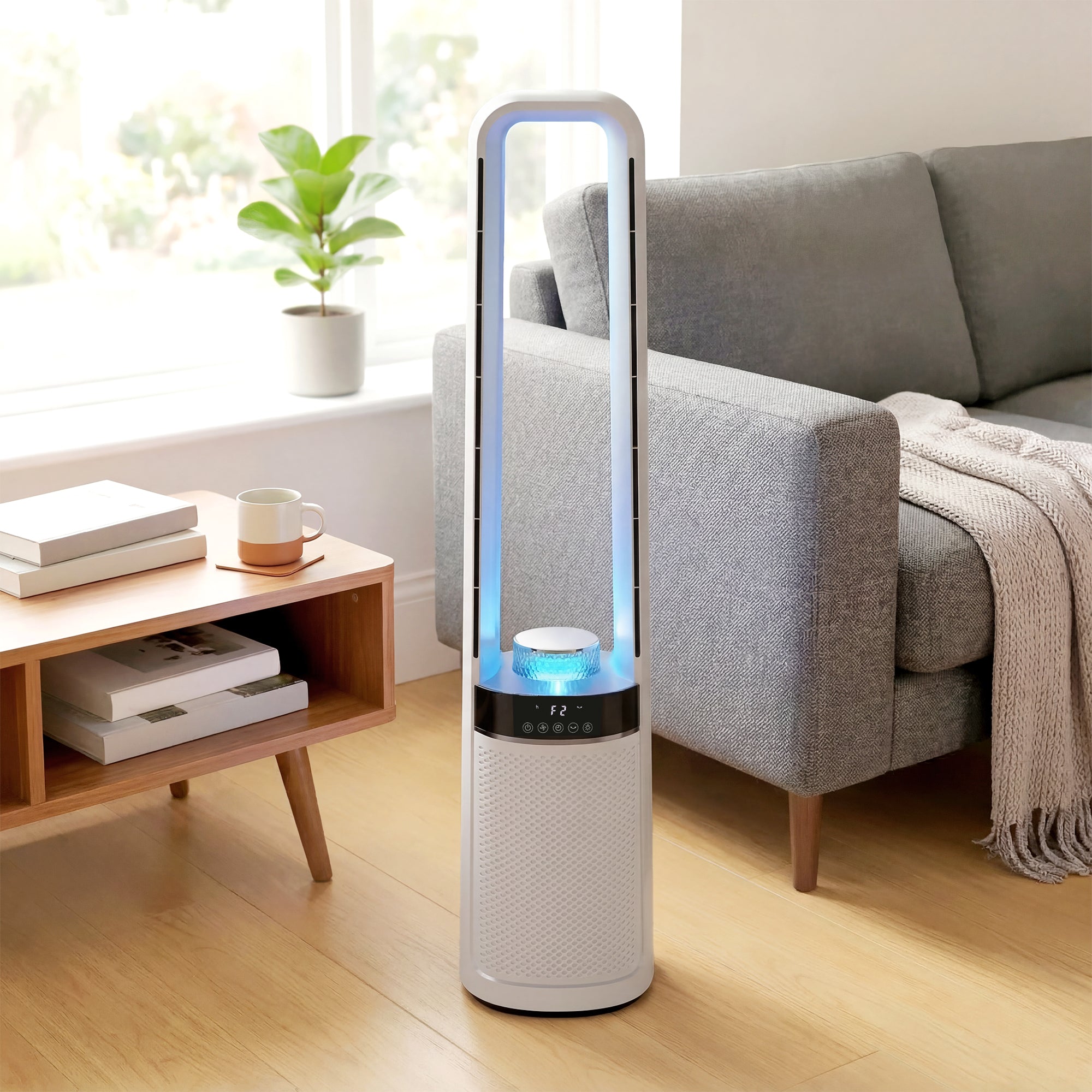 HOMCOM Bladeless Tower Fan, 36dB Standing Cooling Fan with 45° Oscillating, LED Lights, 3 Speeds, 12H Timer, Remote Control