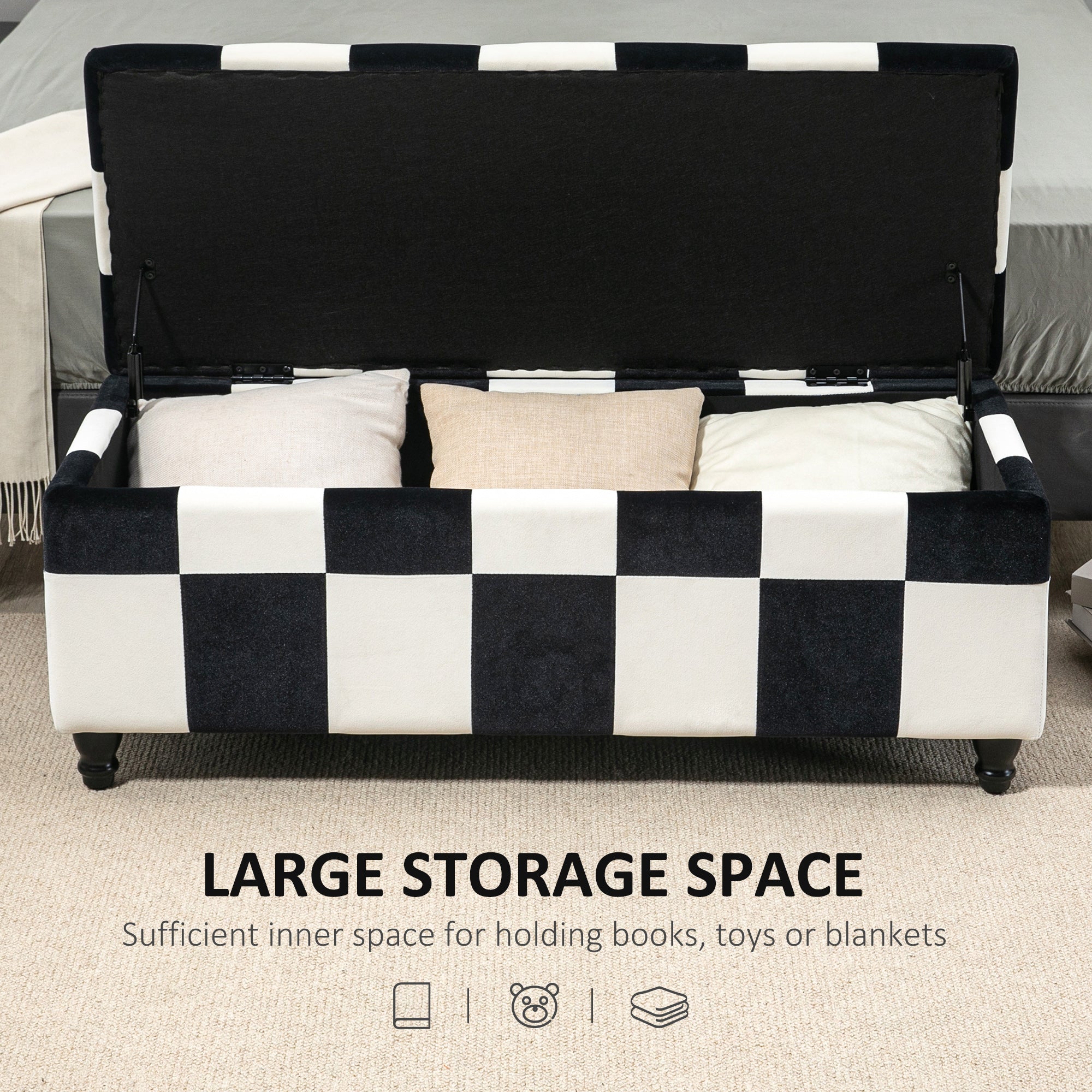 HOMCOM 114 x 47 x 47cm Velvet Storage Ottoman, Button-tufted Footstool Box, Toy Chest with Lid for Living Room, Bedroom, White and Black - North Peak Garden Furniture