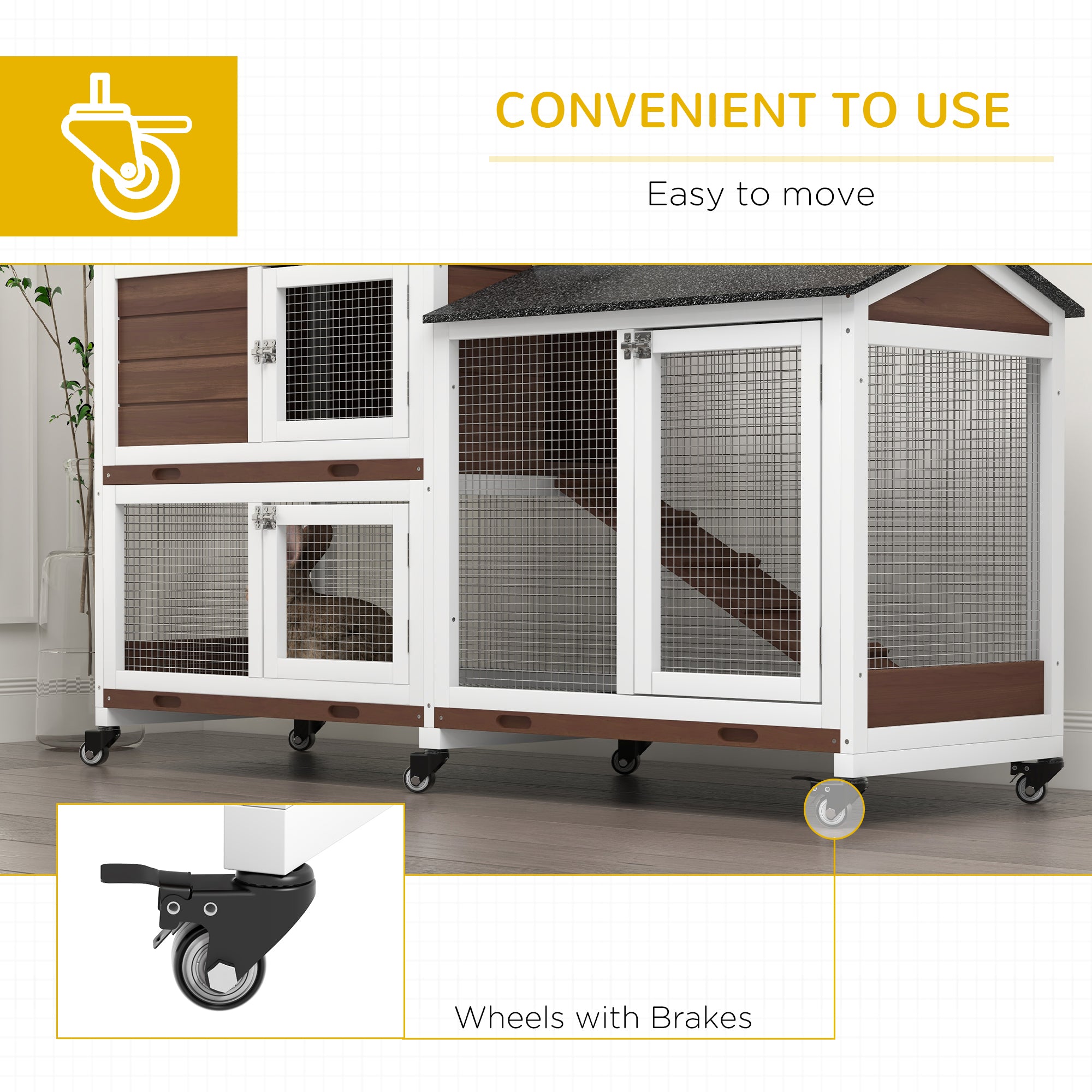 PawHut Wooden Two-Tier Pet Hutch with Wheels, Run - Brown - North Peak Garden Furniture