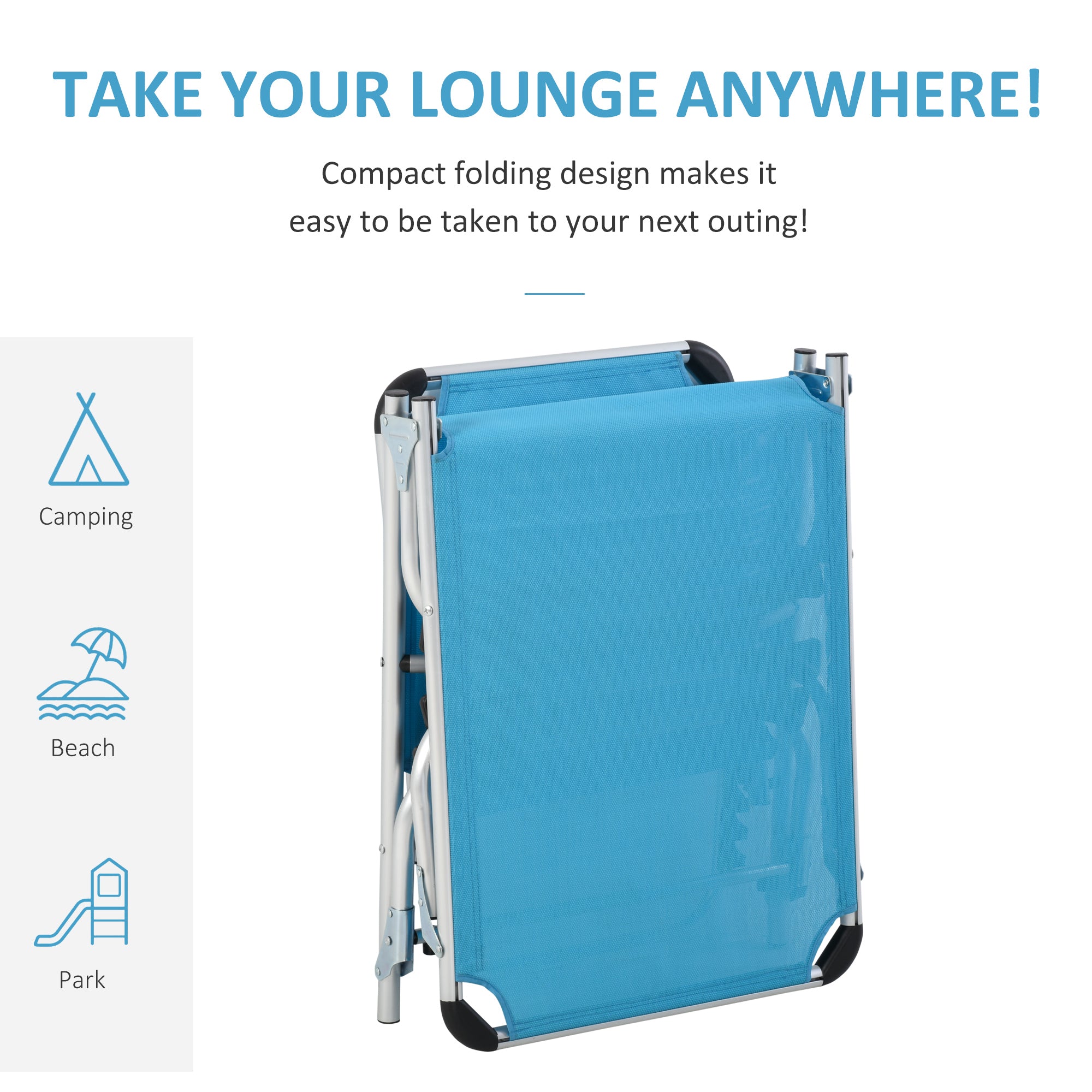 Outsunny Foldable Outdoor Sun Lounger, Reclining Lounge Chair Camping Bed Cot with Pillow 4-Level Adjustable Back Aluminium Frame, Blue - North Peak Garden Furniture