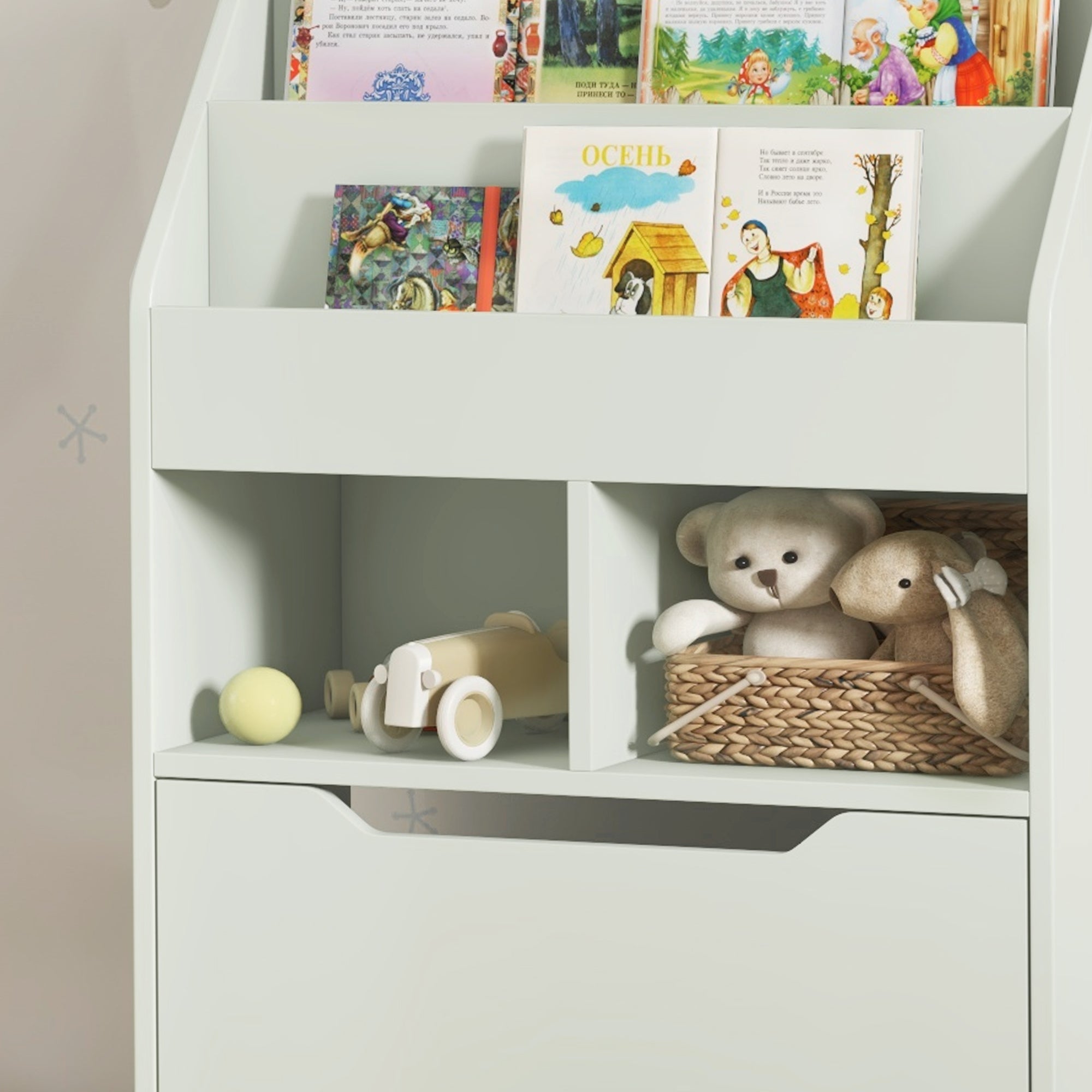 HOMCOM Kids Bookshelf, Toy Organiser, with Storage Drawer, Wheels - Green - North Peak Garden Furniture