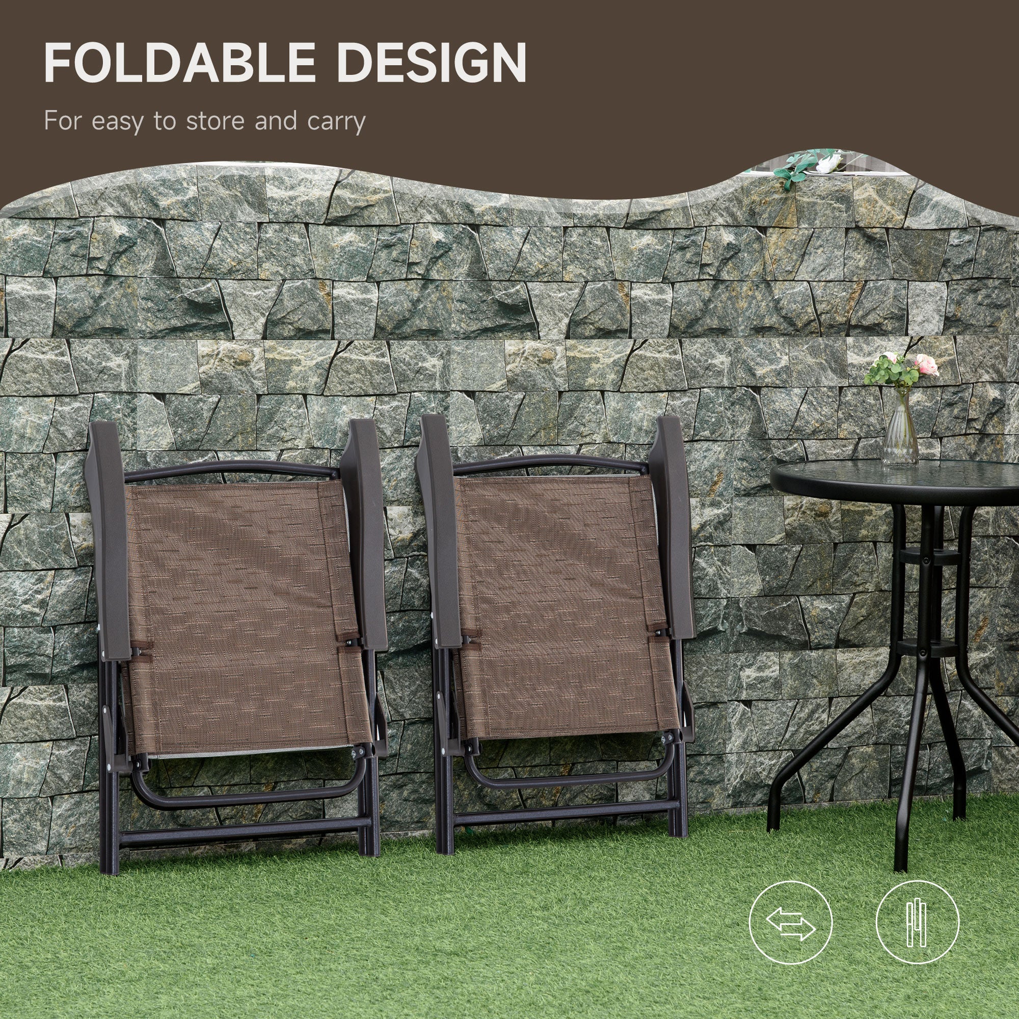 Outsunny 3 Piece Outdoor Bistro Set, Patio Conversation Furniture Set with 2 Folding Backrest Adjustable Armchairs and Glass Top Coffee Table, Brown - North Peak Garden Furniture