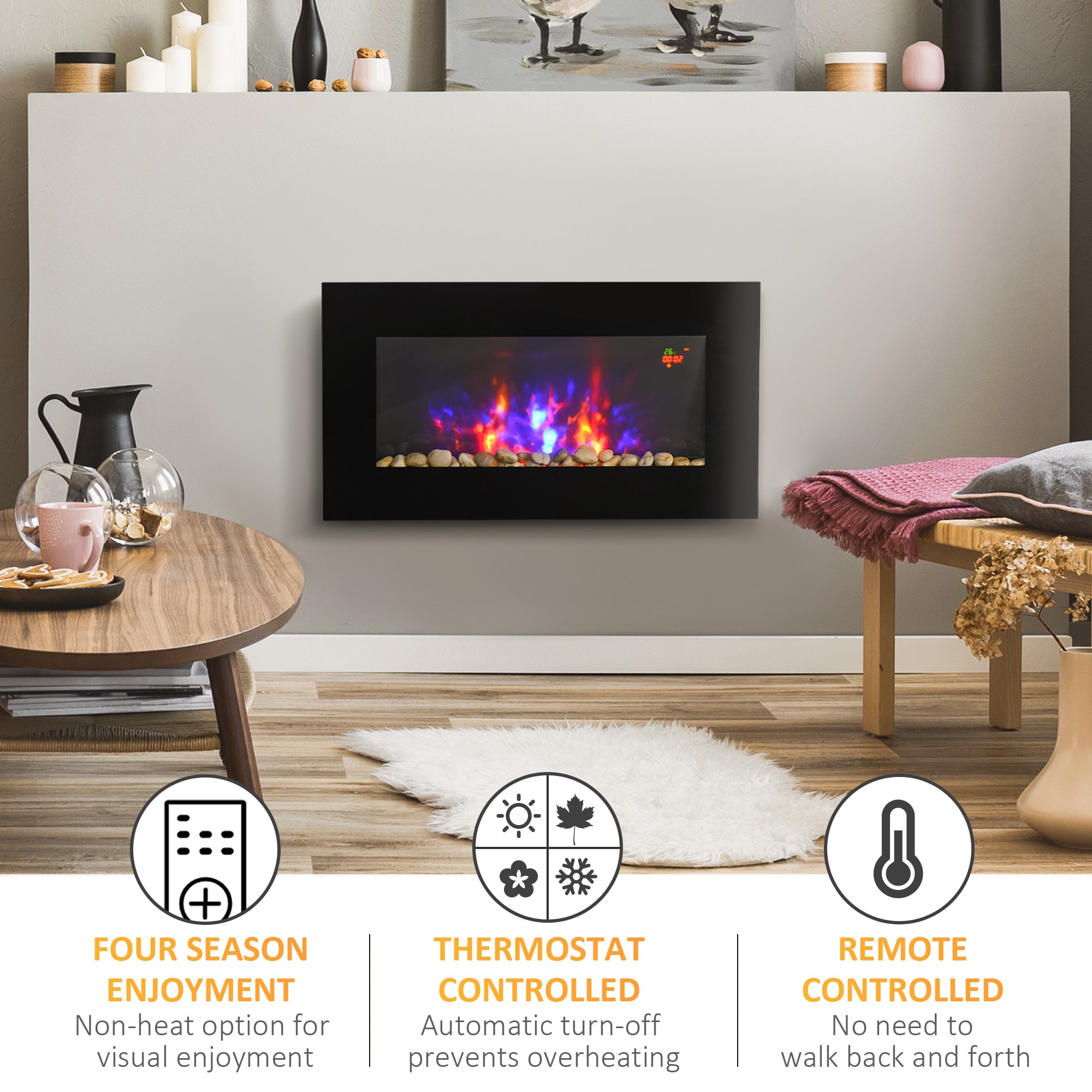 HOMCOM 1000W/2000W Electric Wall Fireplace w/ LED Flame Effect Timer Remote Sleek Stylish Safe Home Heating 20-25㎡