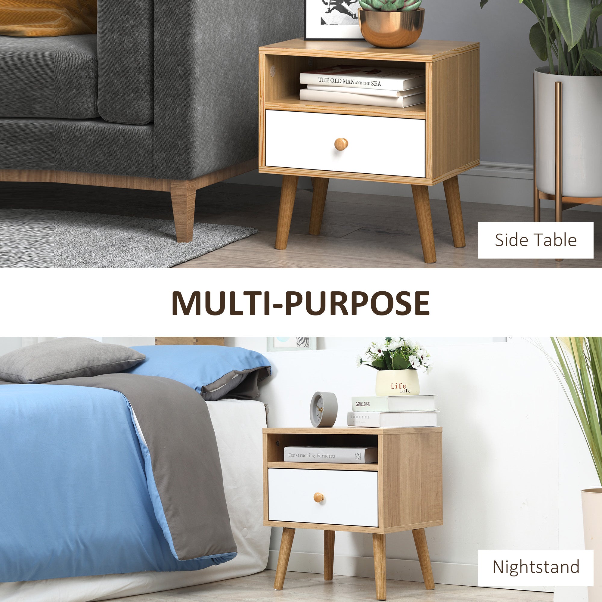 HOMCOM Bedside Table, Bedside Cabinet with Drawer and Shelf, Modern Nightstand, End Table for Living Room, Bedroom, Set of 2, Natural - North Peak Garden Furniture