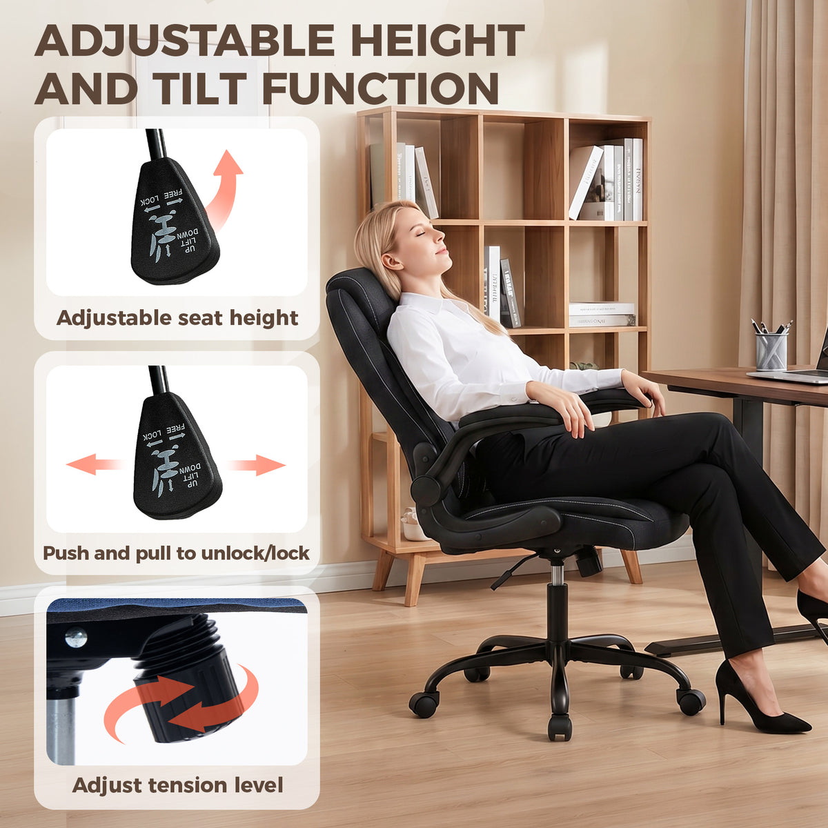 HOMCOM Linen-Look Computer Desk Chair, Executive Office Chair with Flip-Up Armrests and Thick Cushion, Black