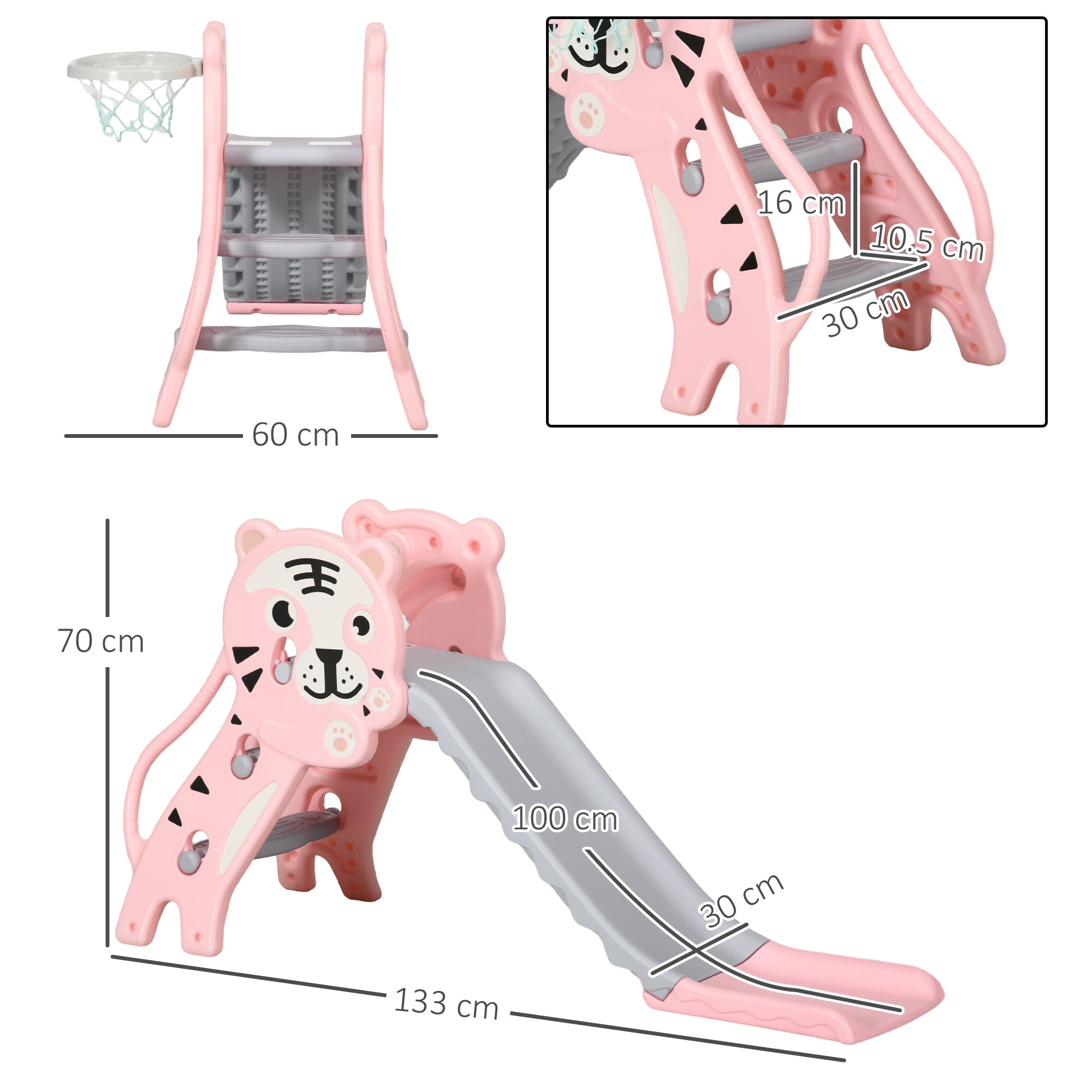 AIYAPLAY 2 in 1 Baby Slide for Indoor Use with Basketball Hoop, Basketball, for Ages 18-36 Months - Pink - North Peak Garden Furniture