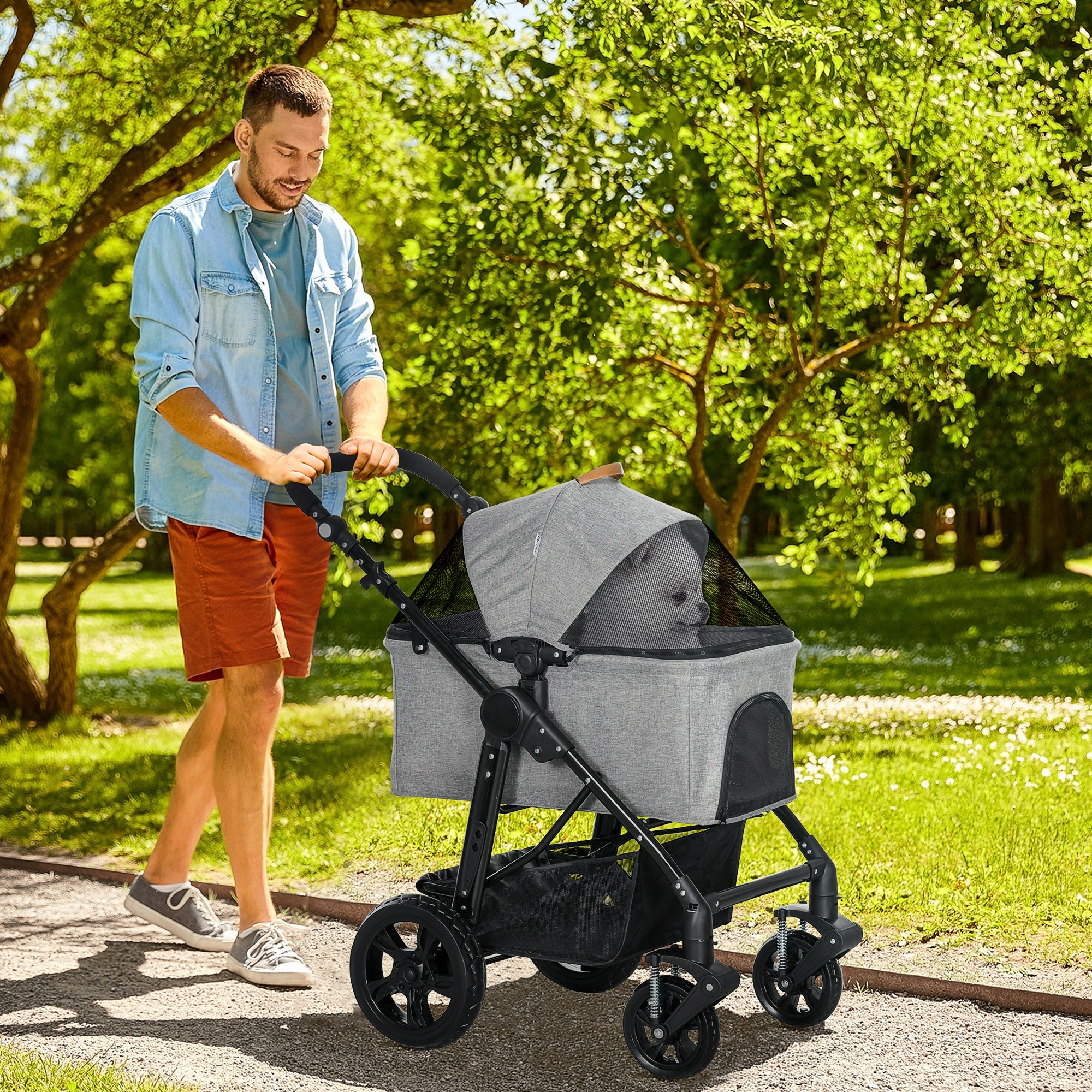 PawHut Dog Pram Pet Stroller for Small Dogs Cats, Foldable Dog Pushchair Trolley with Detachable Pet Carrier Bag, Shock Absorber, Adjustable Handlebar, Grey - North Peak Garden Furniture