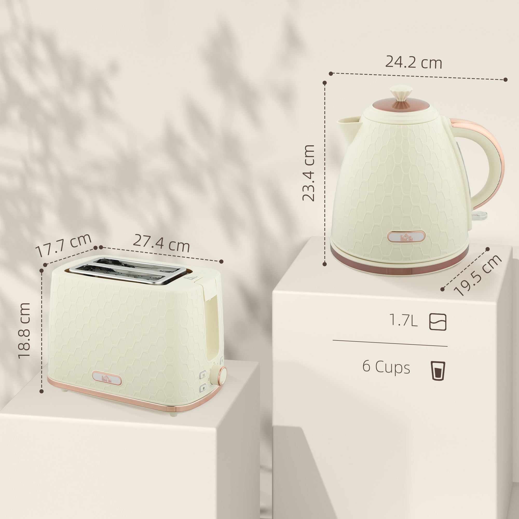 HOMCOM 1.7L 3000W Fast Boil Kettle & 2 Slice Toaster Set, Kettle and Toaster Set with Auto Shut Off, Browning Controls, Beige - North Peak Garden Furniture