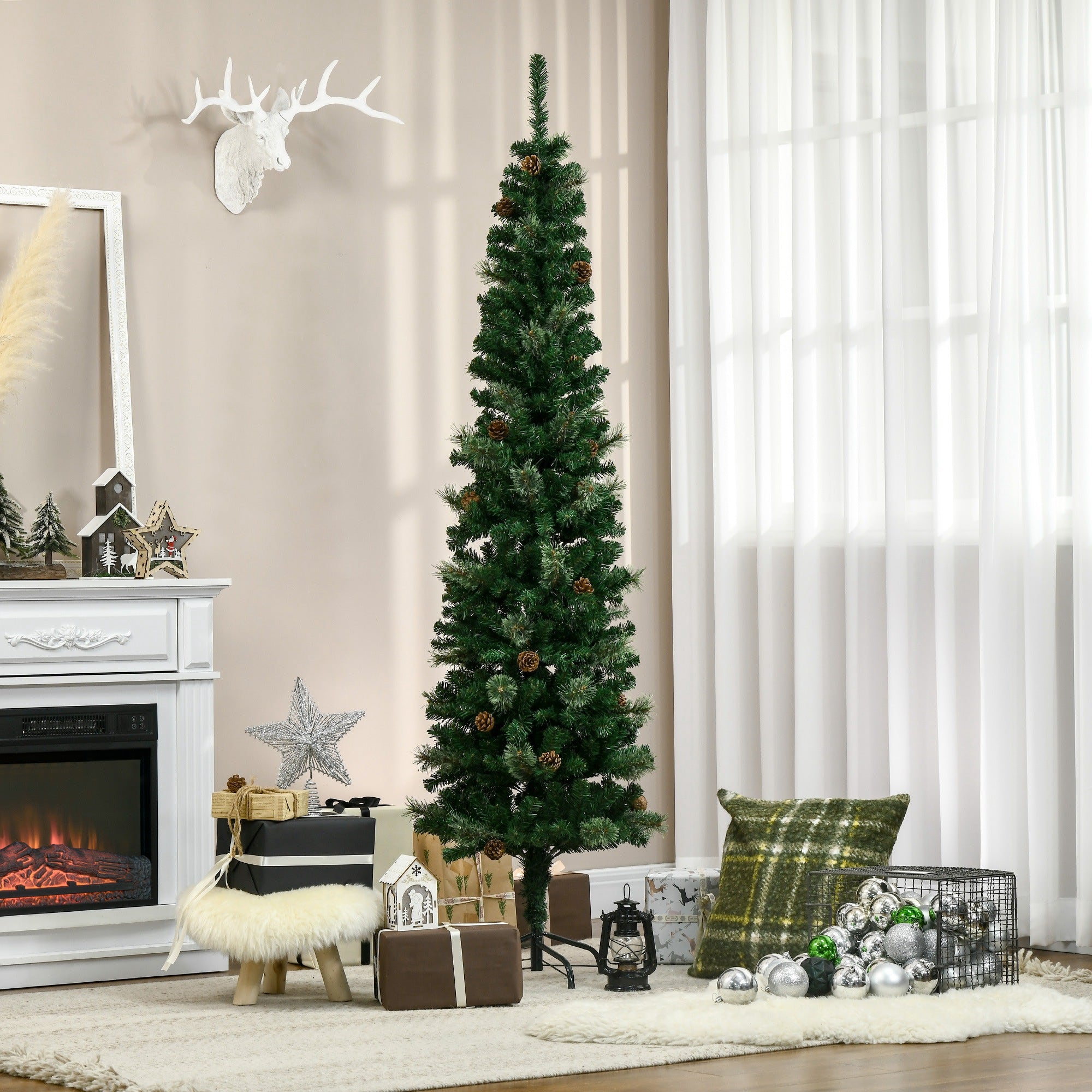 HOMCOM 6.5FT Tall Pencil Slim Artificial Christmas Tree with Realistic Branches, Tip Count and Pine Cones, Pine Needles Tree, Xmas Decoration, Green - North Peak Garden Furniture