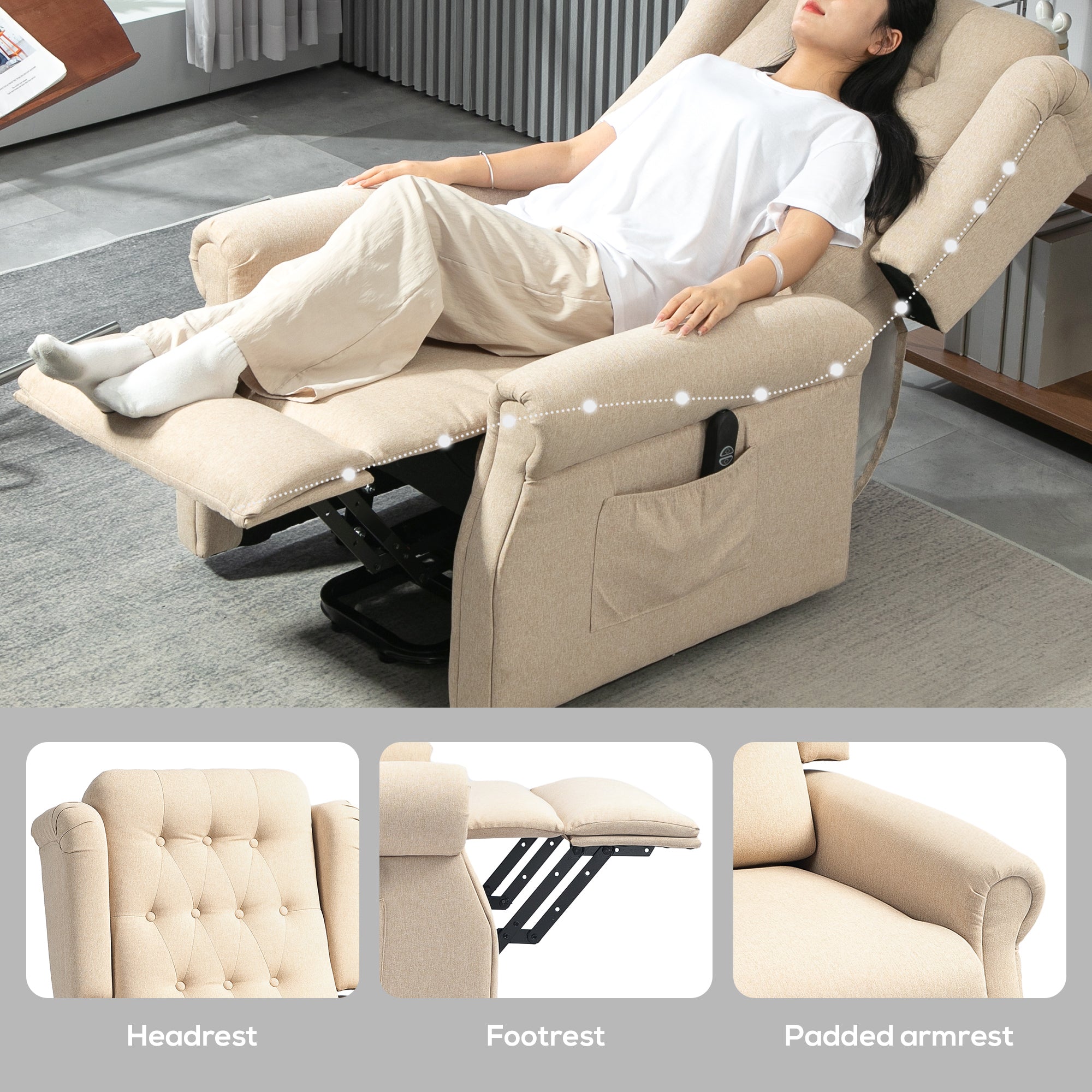 HOMCOM Power Lift Recliner Chair, Wingback Button Tufted Electric Lift Chair for Elderly, Fabric Riser and Reclining Armchair with Remote Control, Side Pockets, for Living Room, Beige - North Peak Garden Furniture