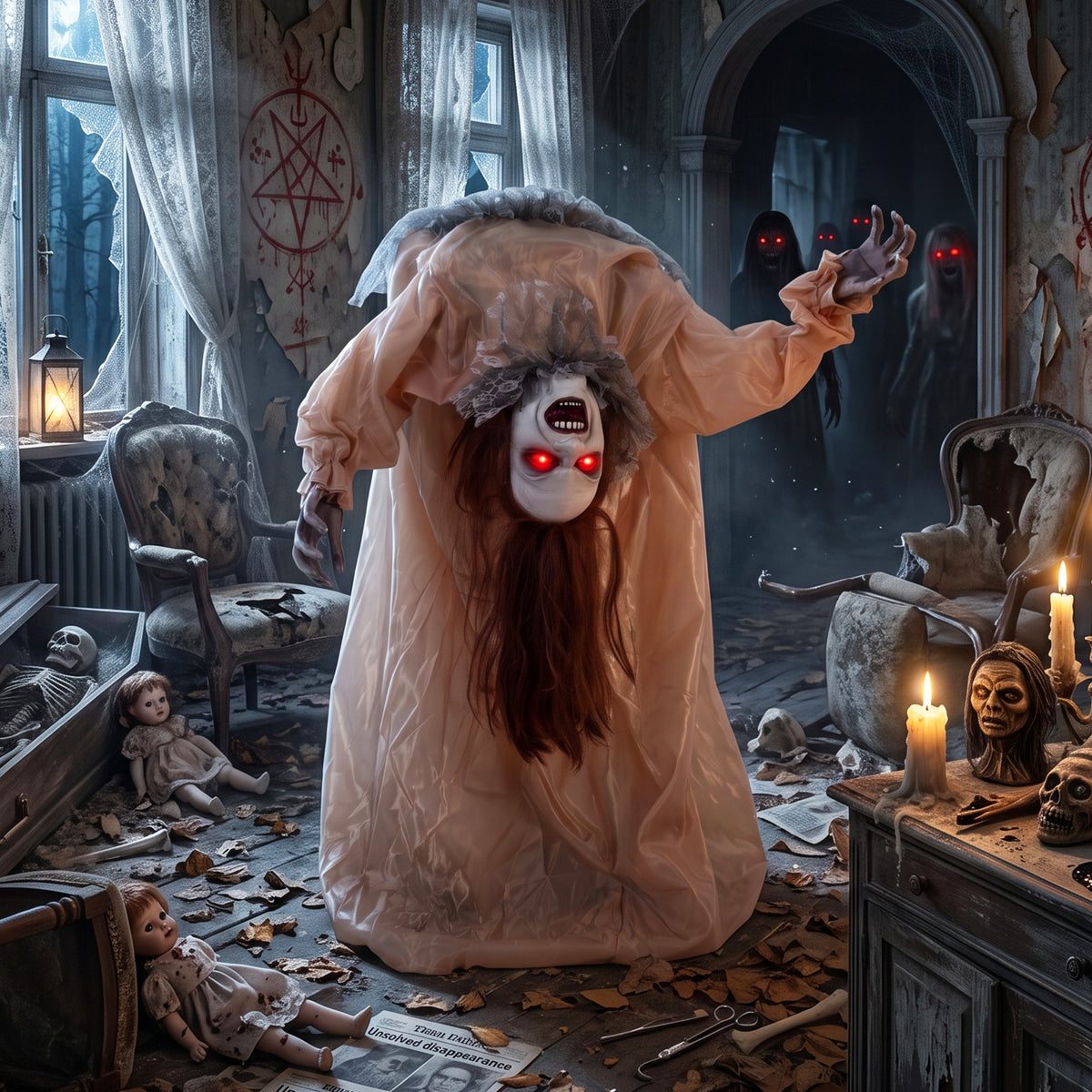 HOMCOM Animated Halloween Ghost, Halloween Animatronics with Creepy Screams, Glowing Eyes, Sound/Touch Activated