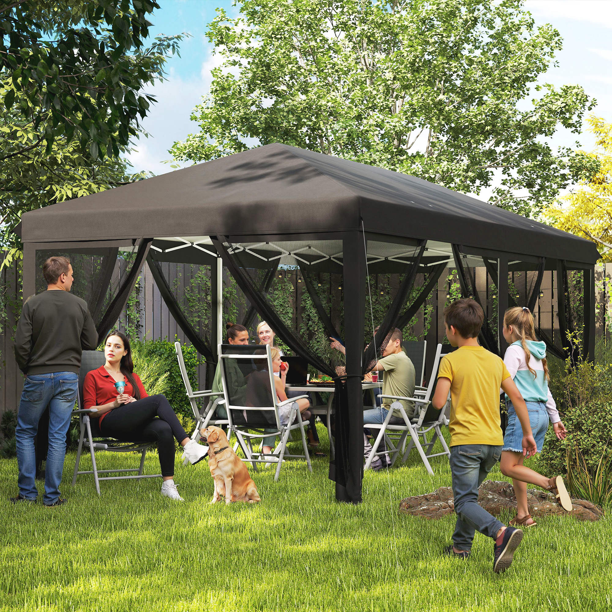 Outsunny 3 x 6m Pop Up Gazebo, Outdoor Canopy Shelter, Marquee Party Wedding Tent with 6 Mesh Walls and Carry Bag, Black - North Peak Garden Furniture