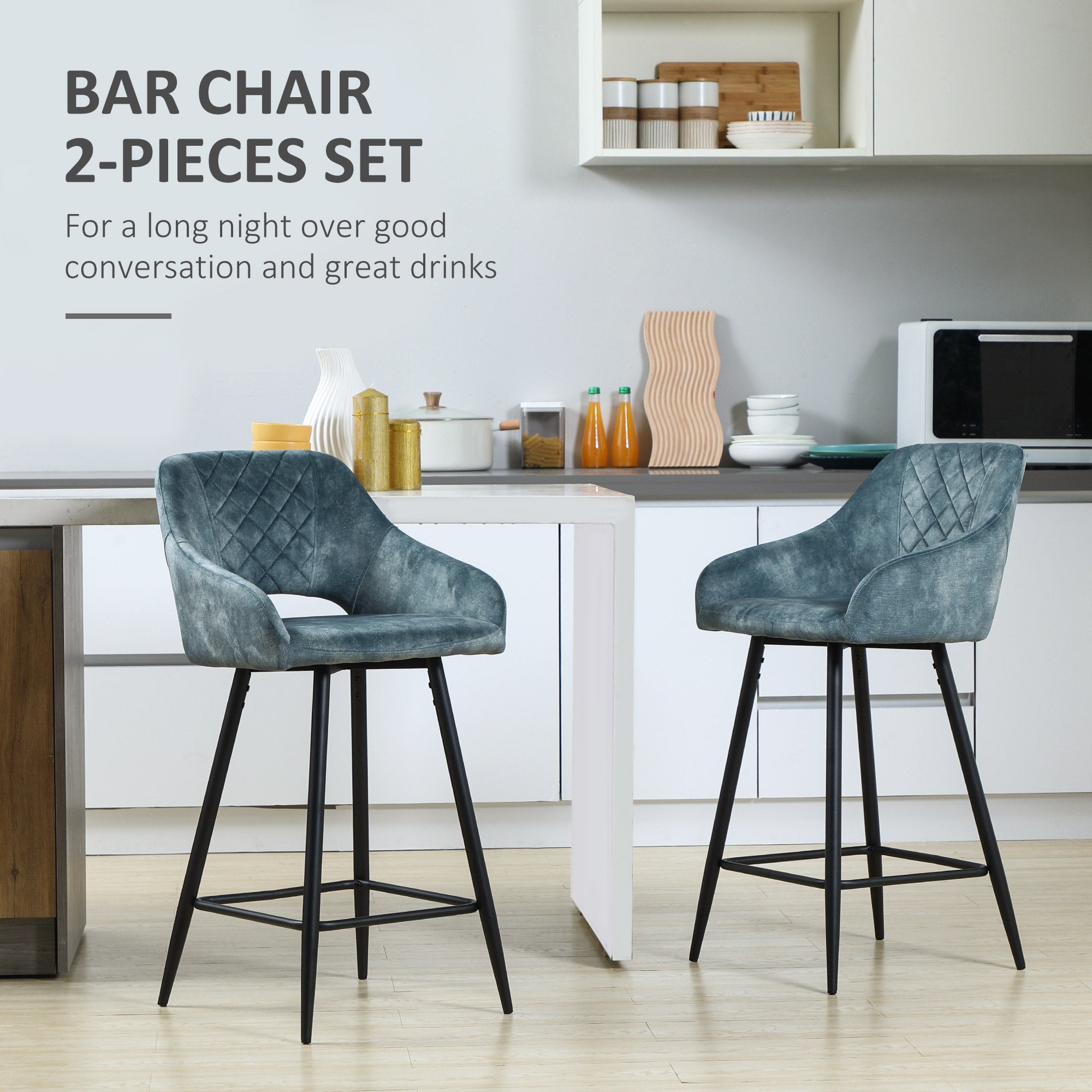 HOMCOM Bar Stools Set of 2, Velvet-Touch Fabric Counter Height Bar Chairs, Kitchen Stools with Steel Legs for Dining Area, Kitchen Island Barstools, Blue - North Peak Garden Furniture