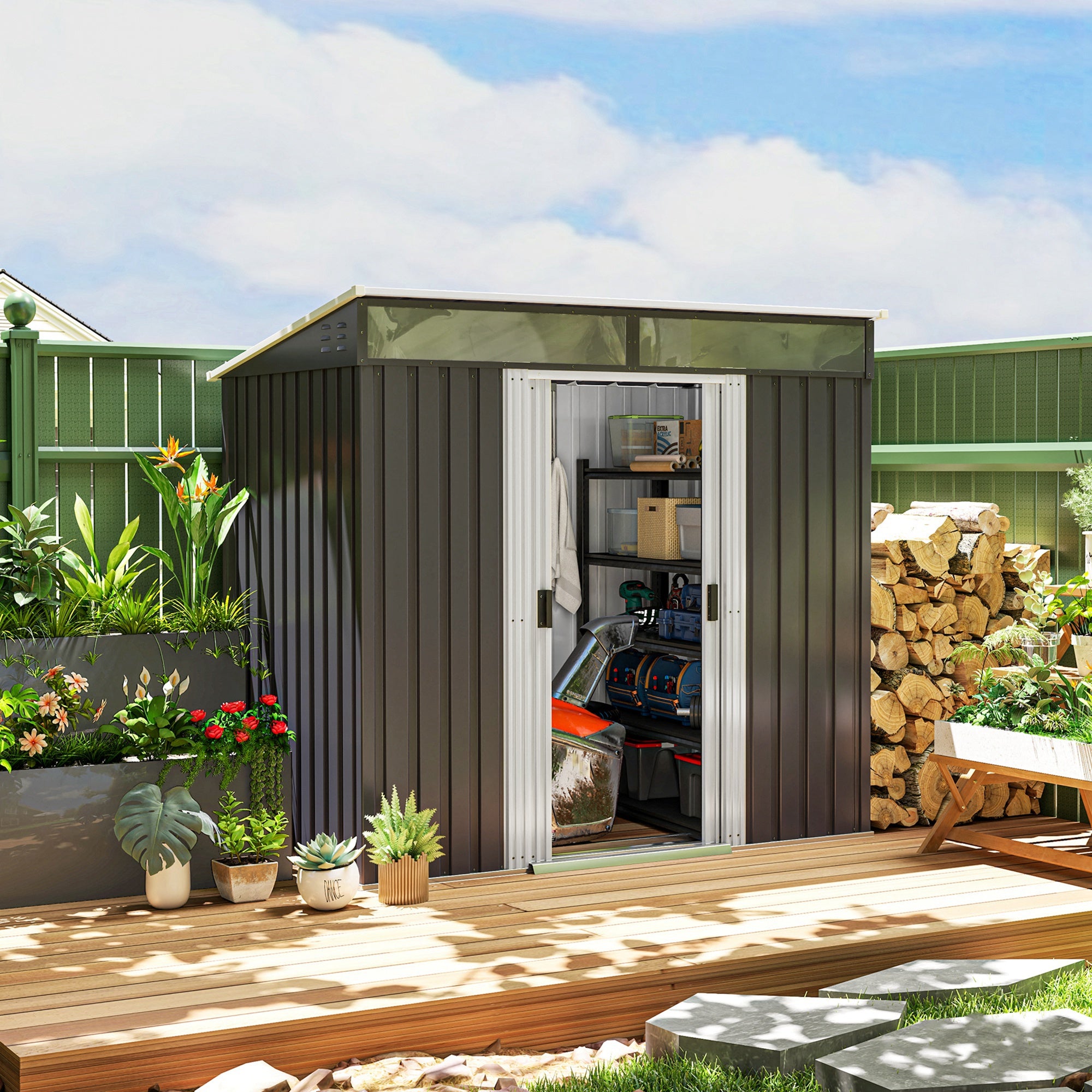 Outsunny 6.5 x 4FT Galvanised Metal Shed with Foundation Kit, Lockable Tool Garden Shed with Double Sliding Doors, Vents, Grey - North Peak Garden Furniture