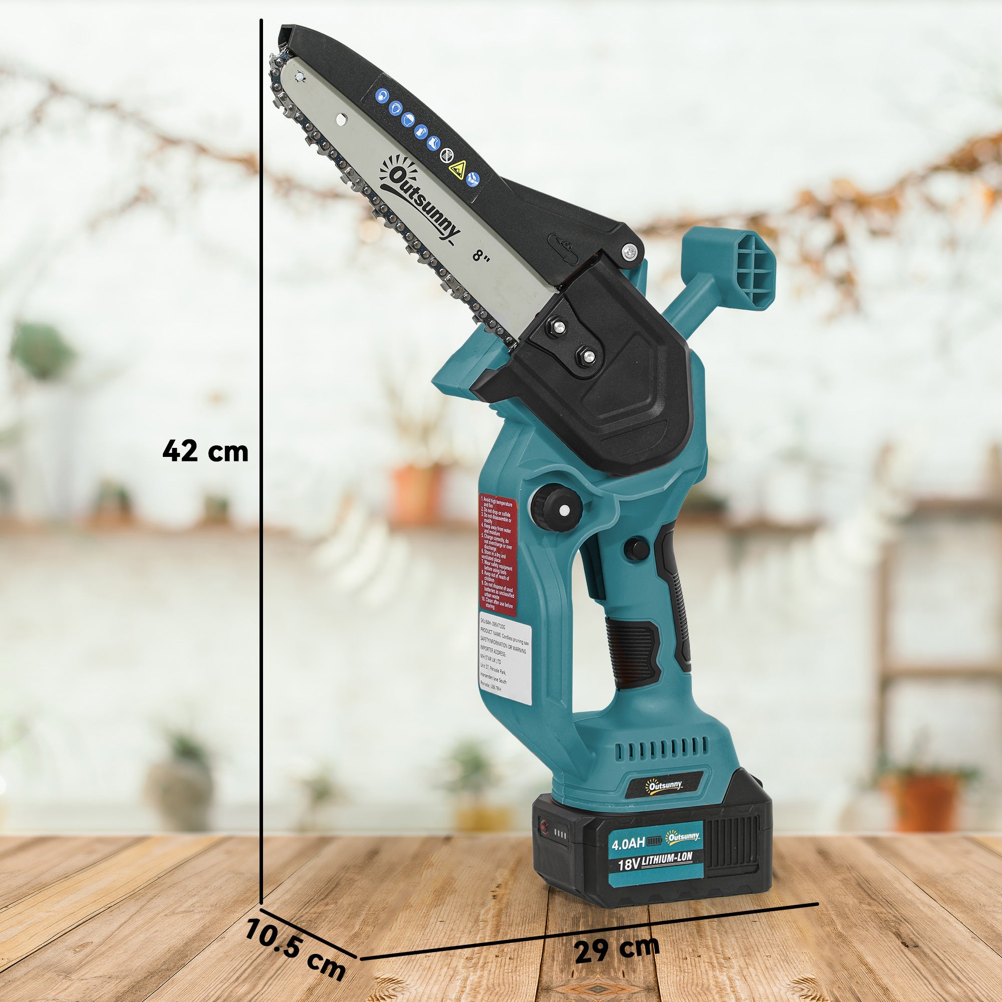 Outsunny 8 Inch Electric Chainsaw, Cordless Chain Saw with Brushless Motor, 2 4.0Ah Batteries and Safety Lock, Handheld Portable Wood Pruning Saw for Trimming Cutting, Blue - North Peak Garden Furniture