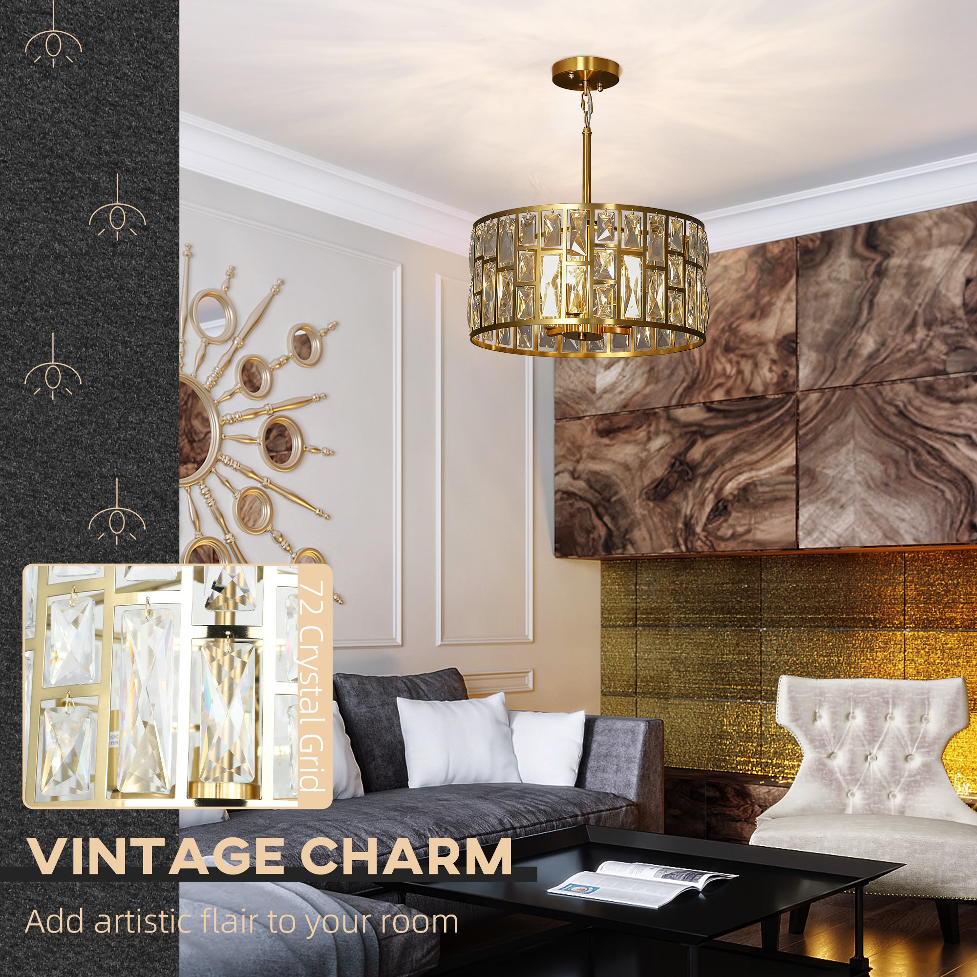 HOMCOM 72 Glass Crystallite Chandelier - Gold-Tone