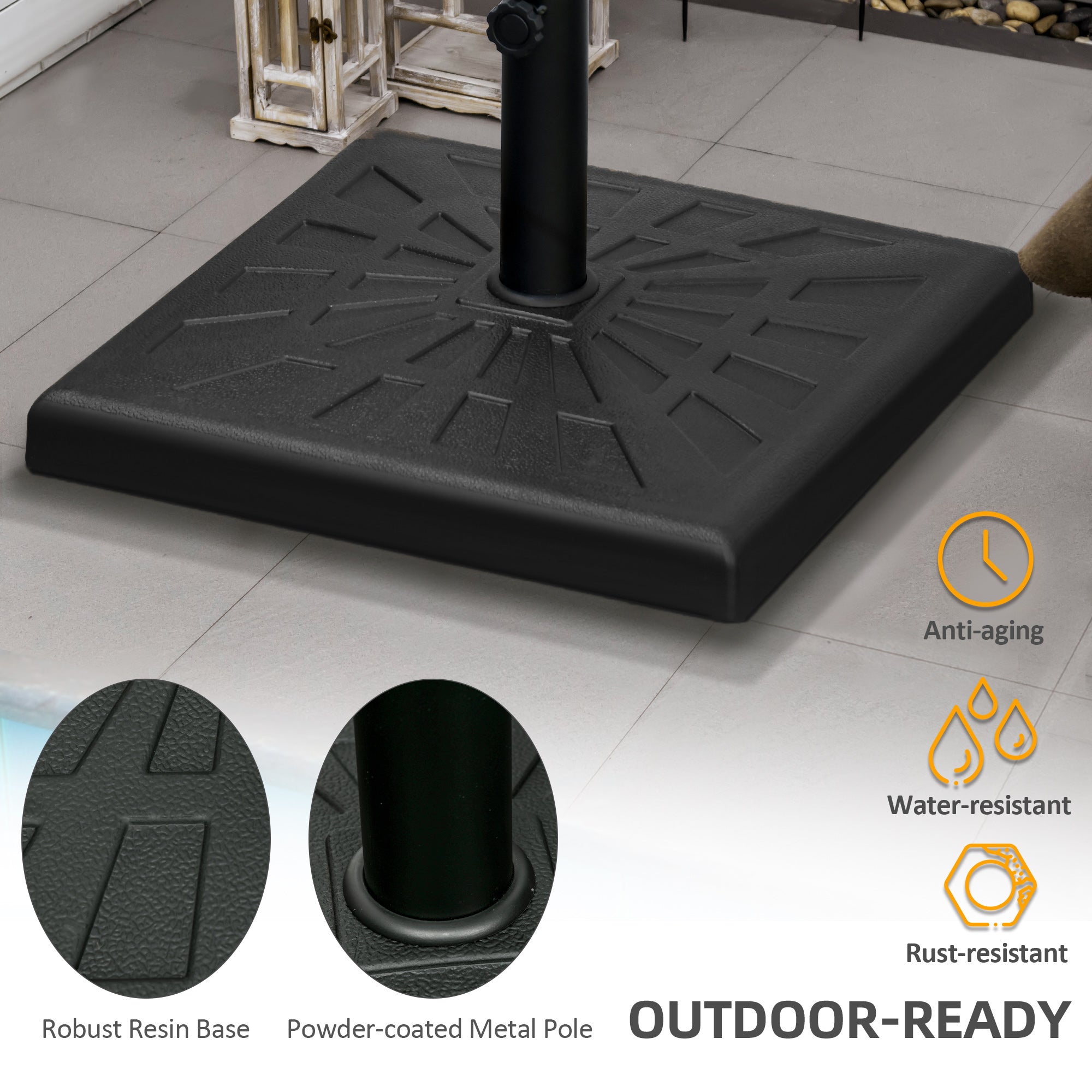 Outsunny 19kg Resin Garden Parasol Base Holder, Square Outdoor Market Umbrella Stand Weight for Poles of Φ32mm, Φ38mm, and Φ48mm, Black - North Peak Garden Furniture