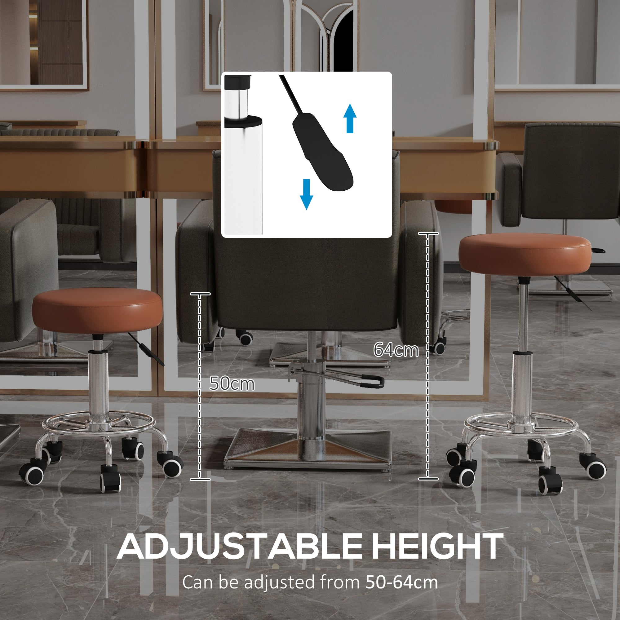 Vinsetto PU Leather Rolling Stool, Height Adjustable Stool Chair with Wheels for Salon, Massage, Spa, Brown - North Peak Garden Furniture
