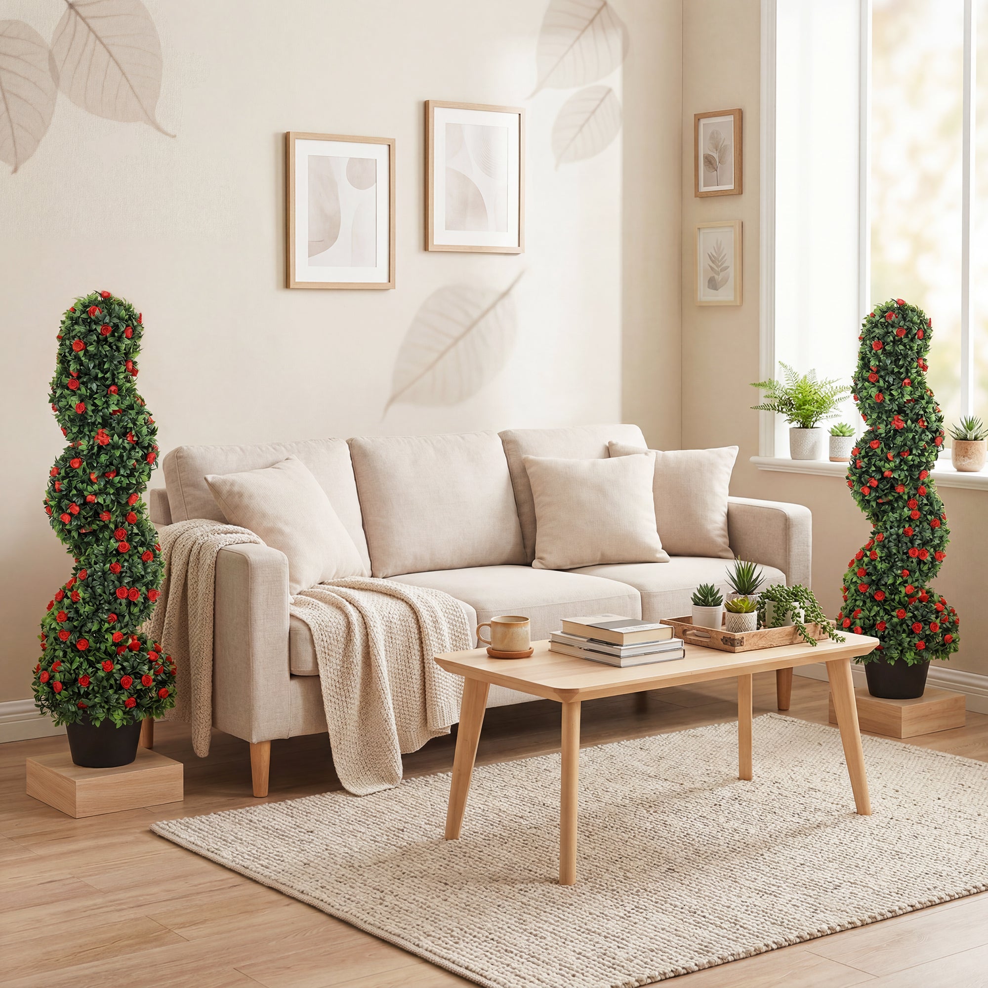 HOMCOM Artificial Rose Spiral Topiary Tree Set of 2, Indoor Outdoor Fake Plants with 630 Leaves, 90cm